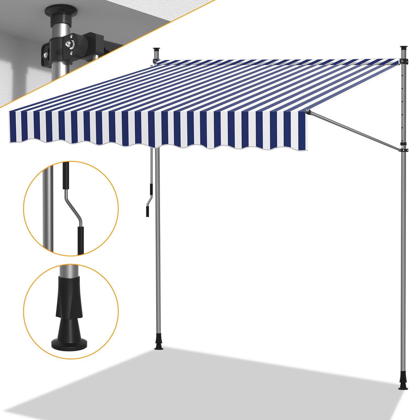 Eine ausziehbare blau-weiß gestreifte Markise ist über einem Terrassenbereich ausgefahren dargestellt. Das Diagramm zeigt ihre Komponenten und ihren Befestigungsmechanismus.
