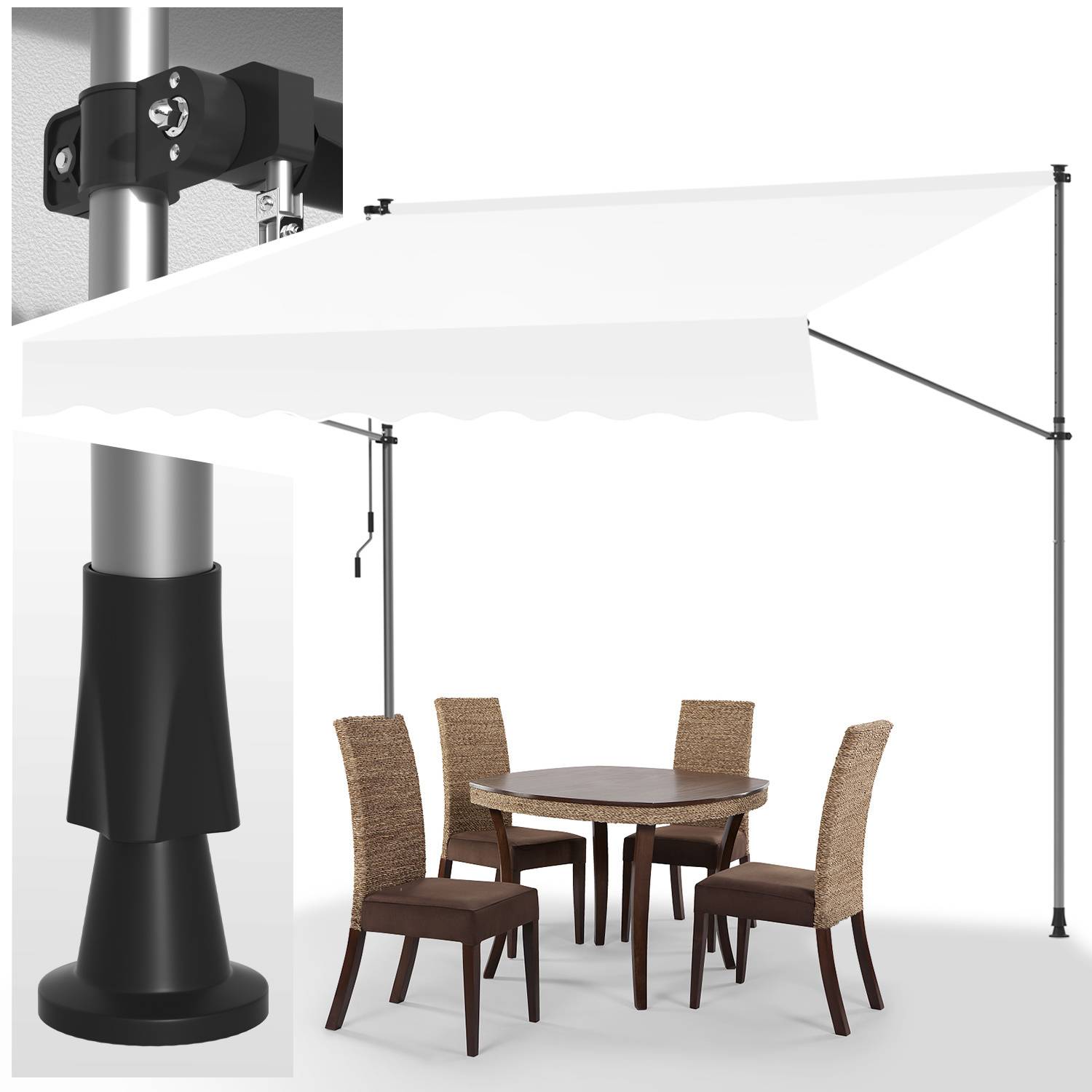 Runder Esstisch mit vier Korbstühlen unter einer weißen, faltbaren Terrassenmarkise. Die Vergrößerung zeigt Details der Metall- und Gummibefestigung.
