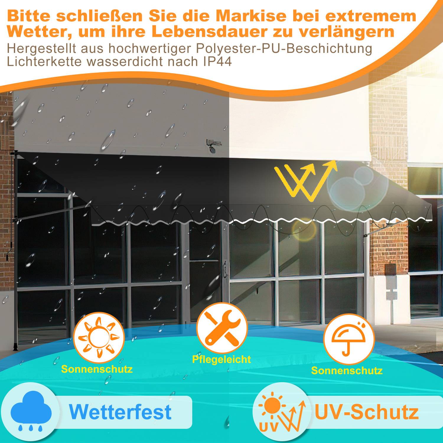 Aufforderung, die Markise bei extremem Wetter zu schließen. Beständig gegen Wasser, Sonne, Wind. Hergestellt aus Polyester.