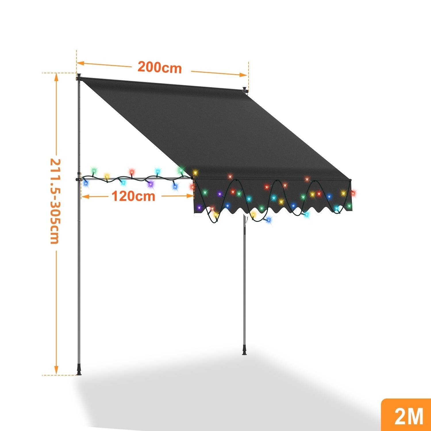Schwarze Außenmarkise mit bunten Lichterketten entlang der Kante. Abmessungen: 200 cm Breite, 211,5-305 cm Höhe, 120 cm Tiefe.