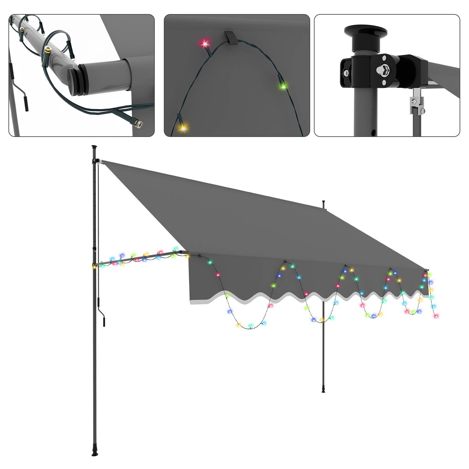 Einziehbare graue Terrassenmarkise mit bunten Lichterketten. Beinhaltet Nahaufnahmen der Markisenstange mit Lichtern und Verbindungsdetails.