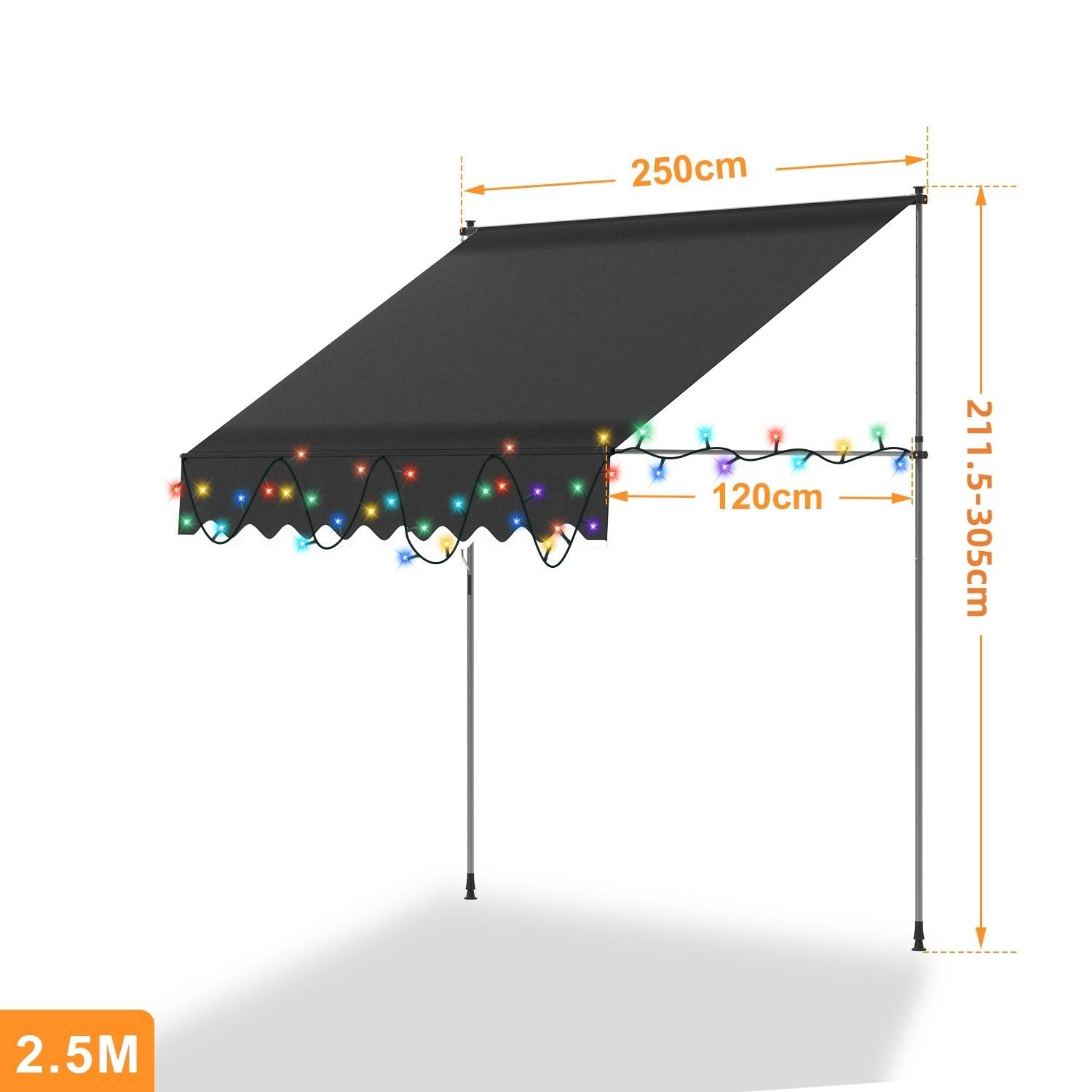 Schwarze Markise mit farbigen Lichtern, 2,5 m breit und in der Höhe von 211,5 bis 305 cm verstellbar, gestützt durch zwei Pfosten.