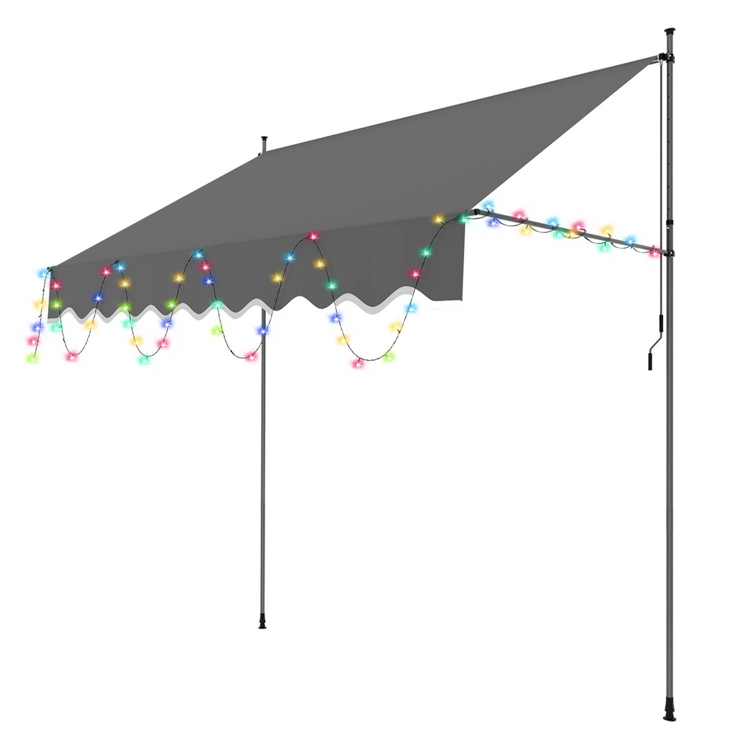 Markise mit bunten Lichterketten entlang der Kante, gestützt durch zwei Pfosten.