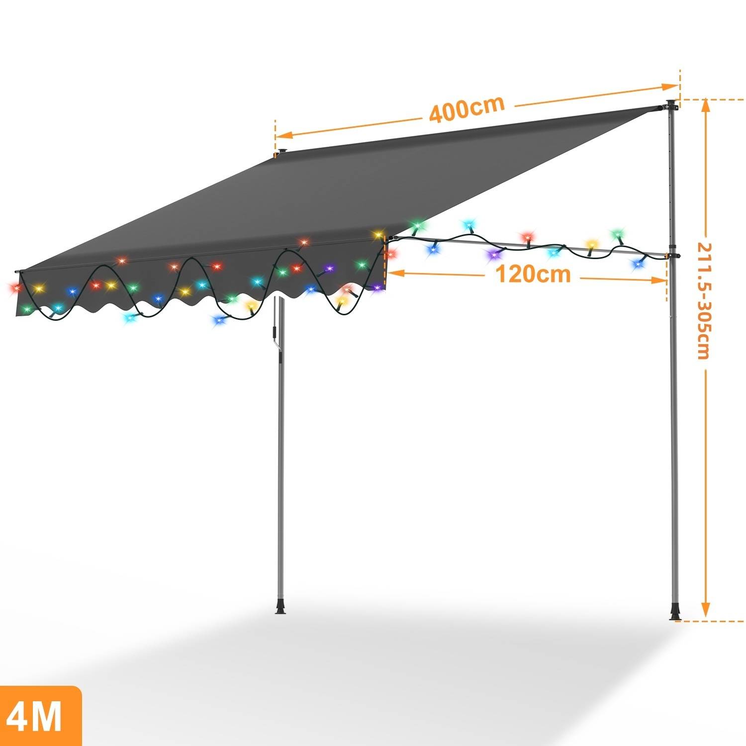 Outdoor-Baldachin mit mehrfarbigen Lichterketten, 400 cm breit, 120 cm tief und 211,5–305 cm hoch, dargestellt in einem Diagramm.