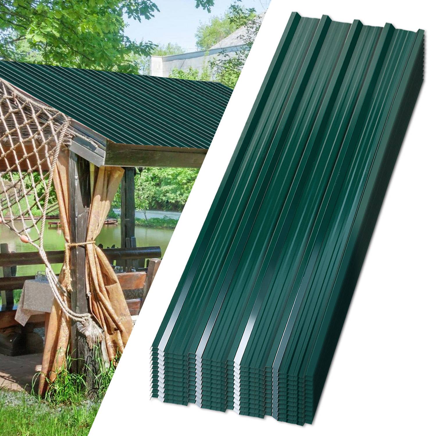 Grüne Wellblechplatten ausgestellt. Links ist ein Pavillon teilweise sichtbar mit einem ähnlichen Wellblechdach, der sich in einer Gartenanlage befindet.