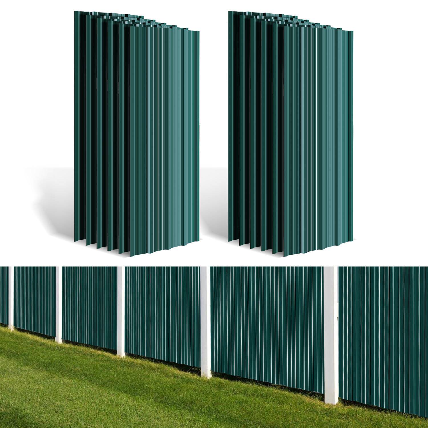 Senkrechte grüne Metallzaunpaneele auf einem Rasenplatz; zwei separate Paneelsets über einer durchgehenden Zaunlinie angezeigt.
