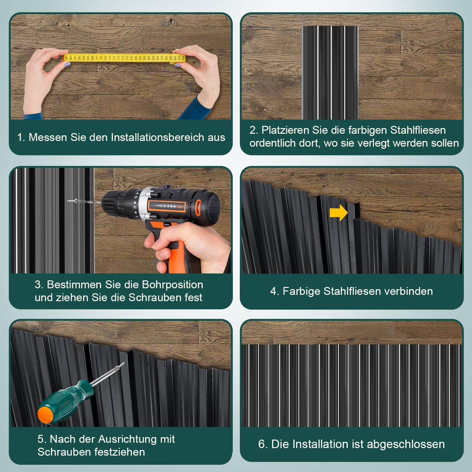 Sechsstufige Anleitung zum Installieren von Stahlplatten: 1. Messen, 2. Platten positionieren, 3. Bohrlöcher markieren, 4. Platten verbinden, 5. Mit Schrauben befestigen, 6. Installation abschließen.