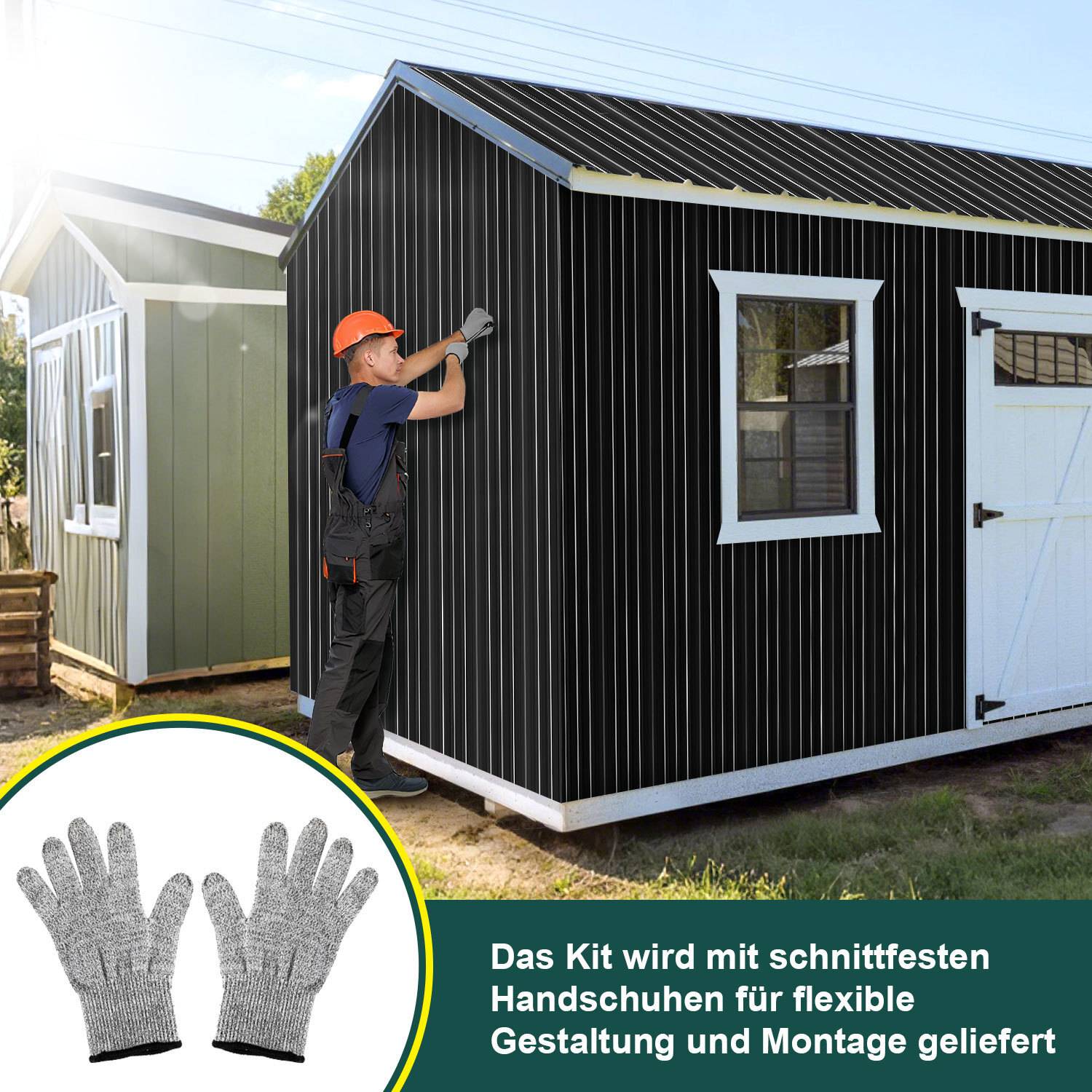 Eine Person in Arbeitskleidung montiert Verkleidung an einem schwarzen Schuppen. Der Text betont, dass das Set strapazierfähige Handschuhe für flexible Handhabung während der Montage enthält.