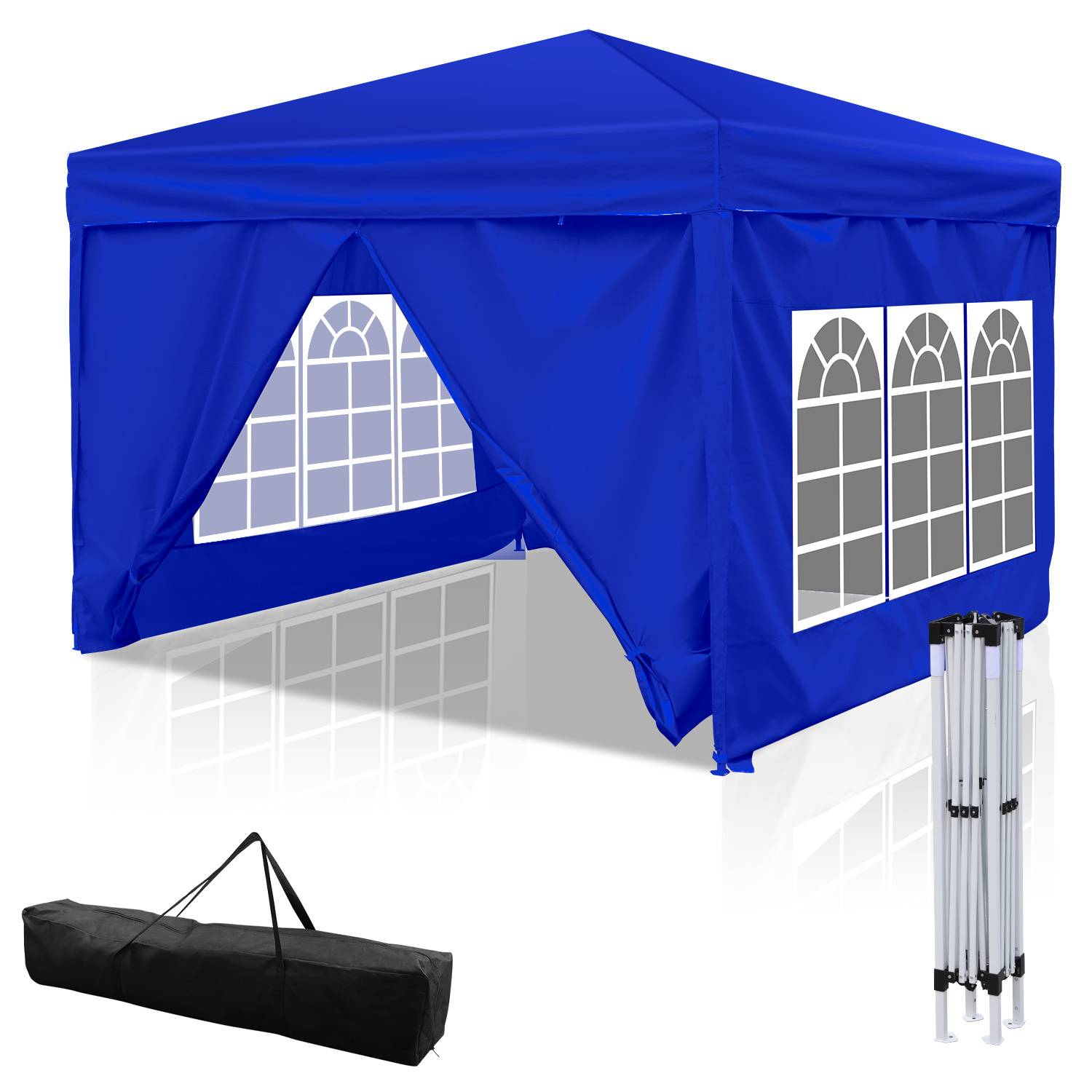 Ein blauer Pop-up-Pavillon mit Fenstern, dargestellt mit seinem zusammengesetzten Rahmen und einer Tragetasche in der Nähe. Geeignet für Outdoor-Veranstaltungen und Unterständen.
