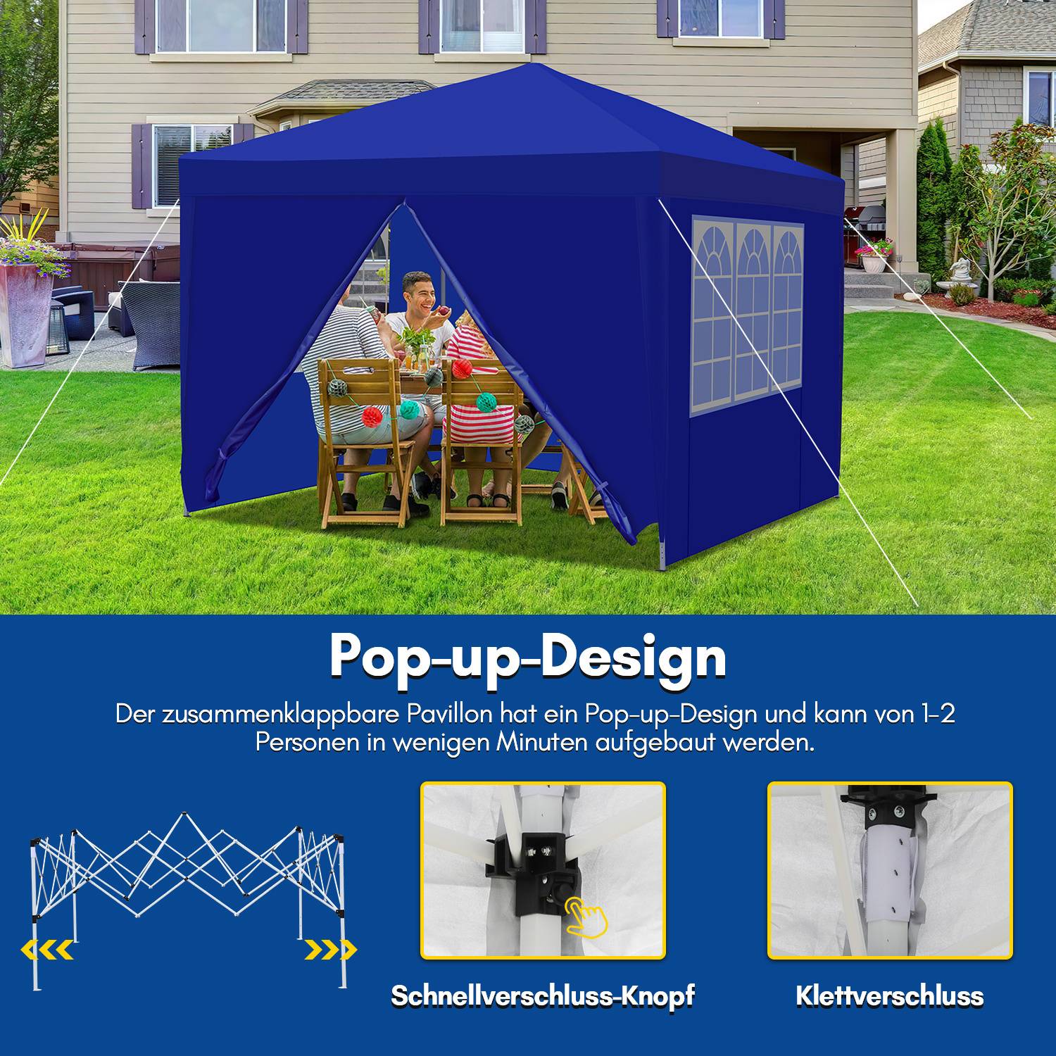 Eine Familie speist unter einem blauen Pop-up-Zelt im Garten und zeigt ein zusammenklappbares Pavillon-Design mit schnellen Aufbaufeatures.