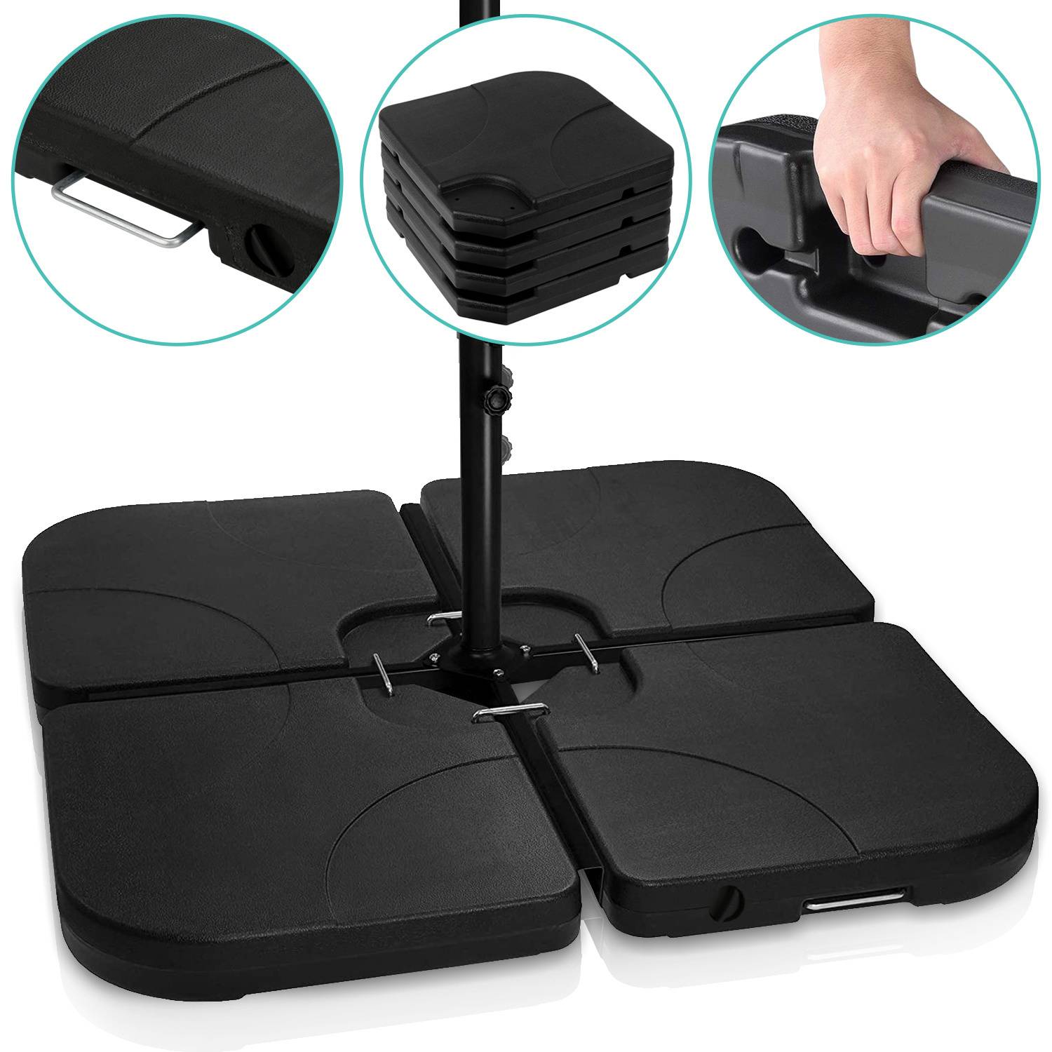 Schirmständer-Set mit vier schwarzen verriegelbaren Gewichten. Die Nahaufnahme zeigt einen Tragegriff. Außerdem ist eine Hand zu sehen, die den Koffer hält.