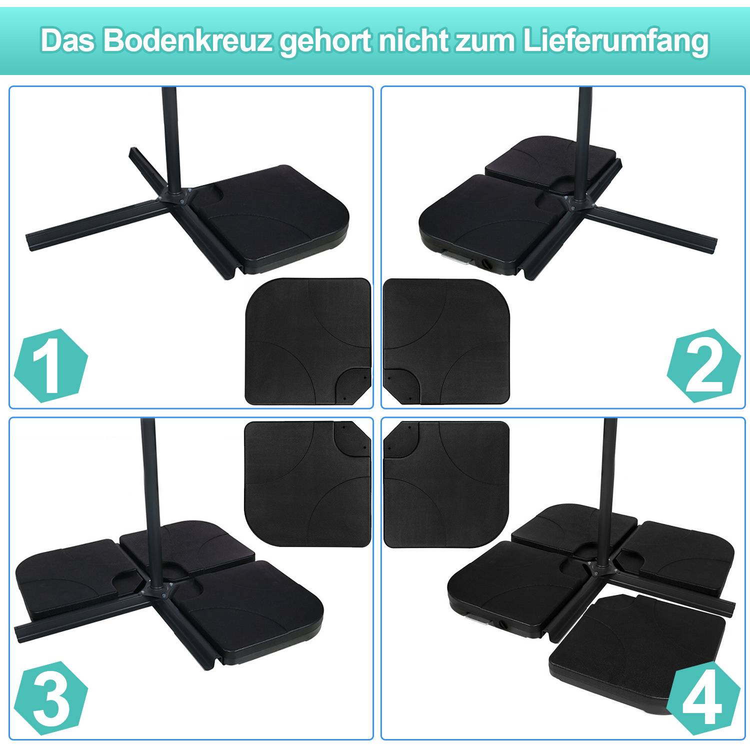 Das Bodenkreuz gehört nicht zum Lieferumfang.' Vier Bilder zeigen, wie eine Basis montiert und positioniert wird, nummeriert 1 bis 4 für die Schritte.
