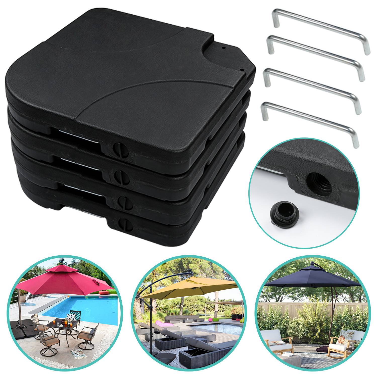 Gestapelte schwarze Regenschirmständergewichte und Schrauben, gezeigt mit vier Außenschirmen in verschiedenen Aufbauten: Poolbereich, Terrasse und Garten.
