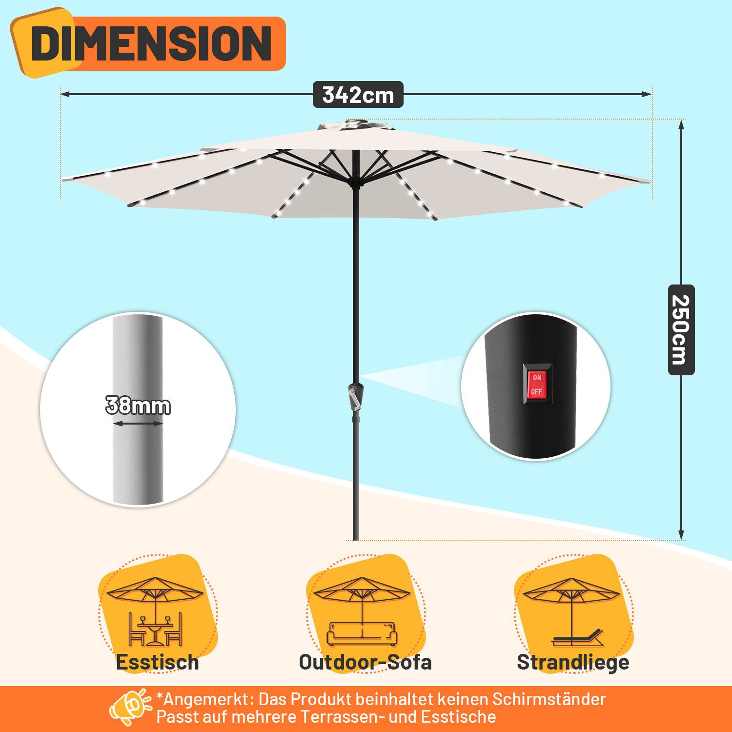‚Dimension' - Ein beiger Strandschirm mit 342cm Breite und 250cm Höhe mit einem 38mm Mast, geeignet für Esstische, Outdoor-Sofas und Strandliegen.