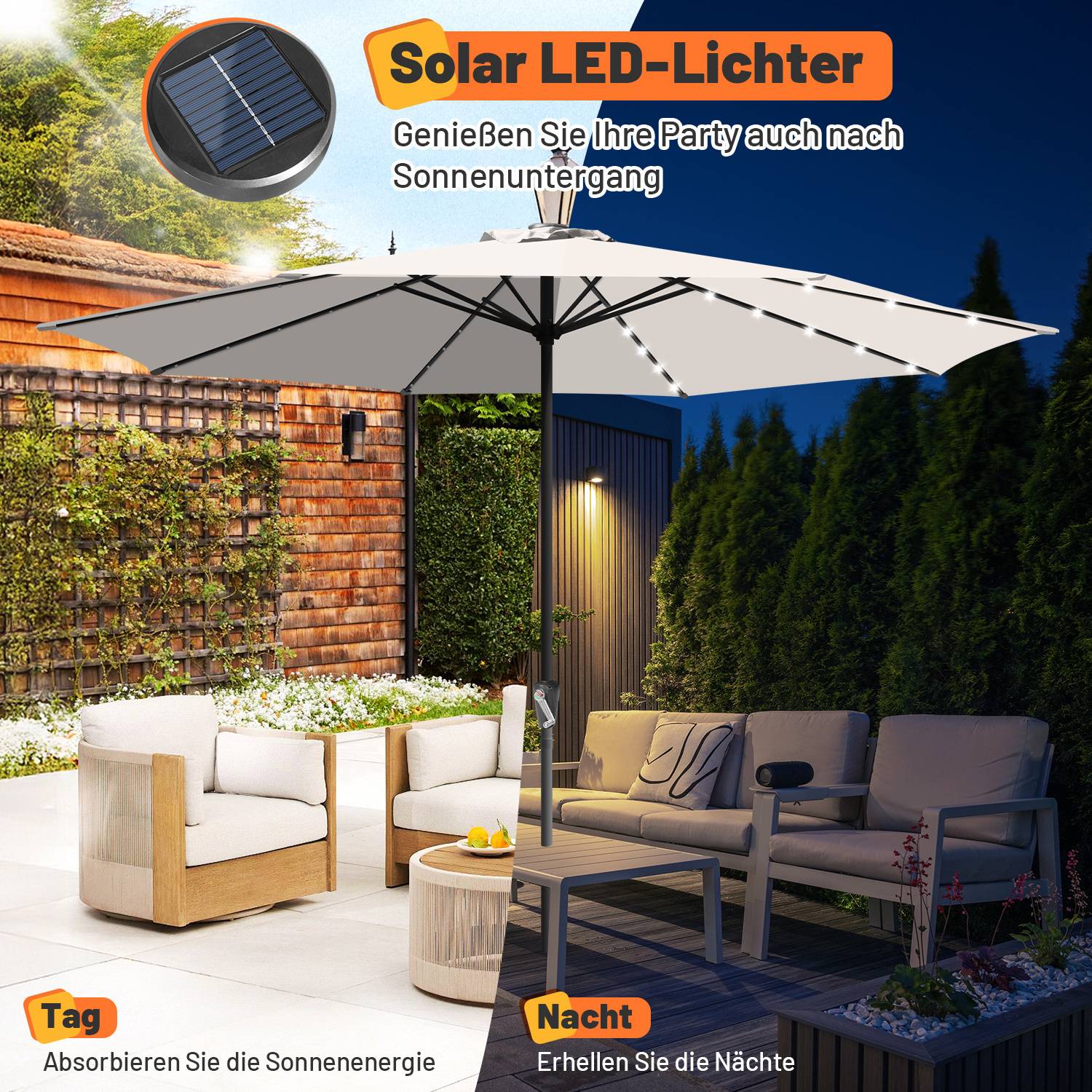 Außenterrasse mit Schirm mit solarbetriebenen LED-Leuchten. Die Szene zeigt einen Sitzbereich mit Stühlen und Pflanzen und hebt die Verwendung vom Tag bis zur Nacht hervor.