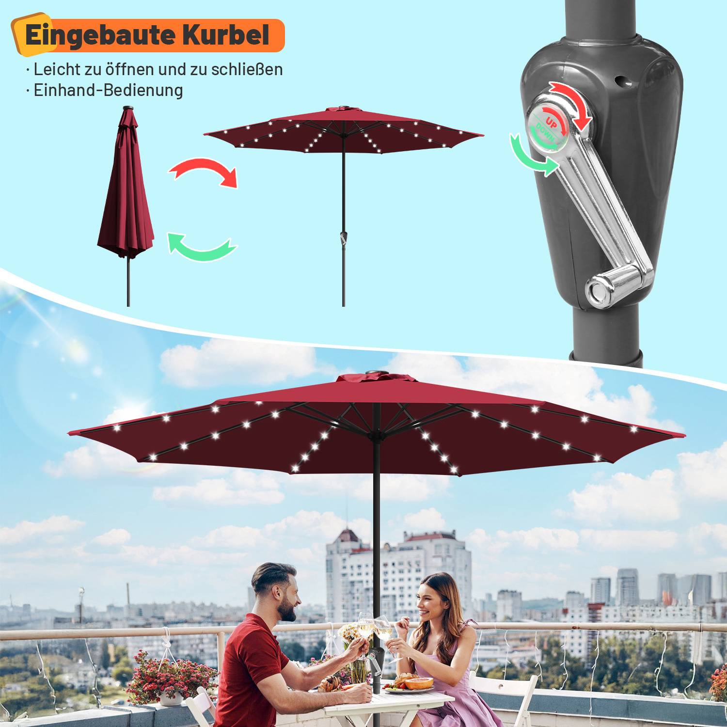 Ein Paar sitzt an einem Tisch unter einem großen, offenen roten Schirm mit einem Kurbelmechanismus, vor einem klaren blauen Himmel.