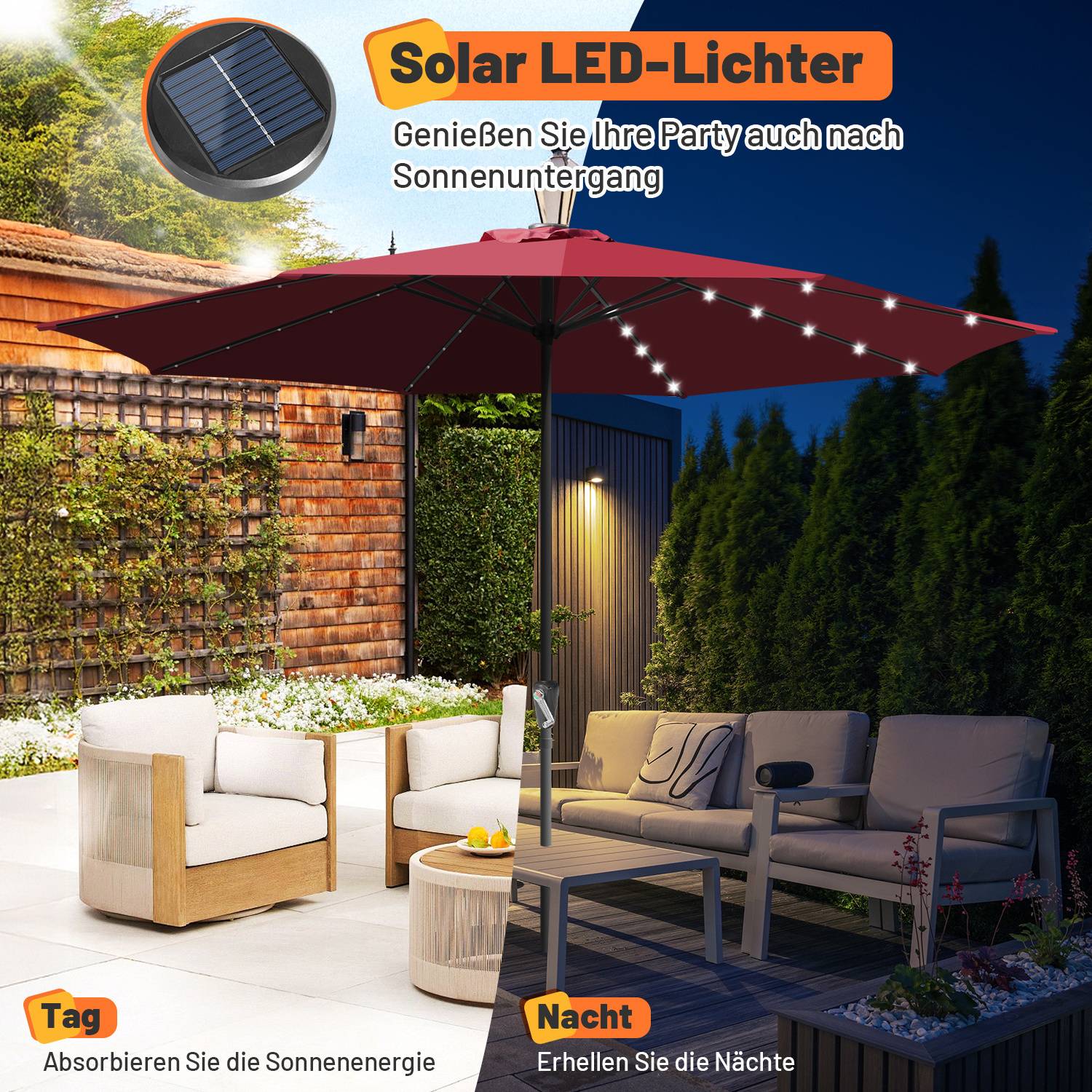 Sonnenschirm 3,5 m mit LED-Beleuchtung – Großer Gartenschirm für Terrasse & Garten, Rot