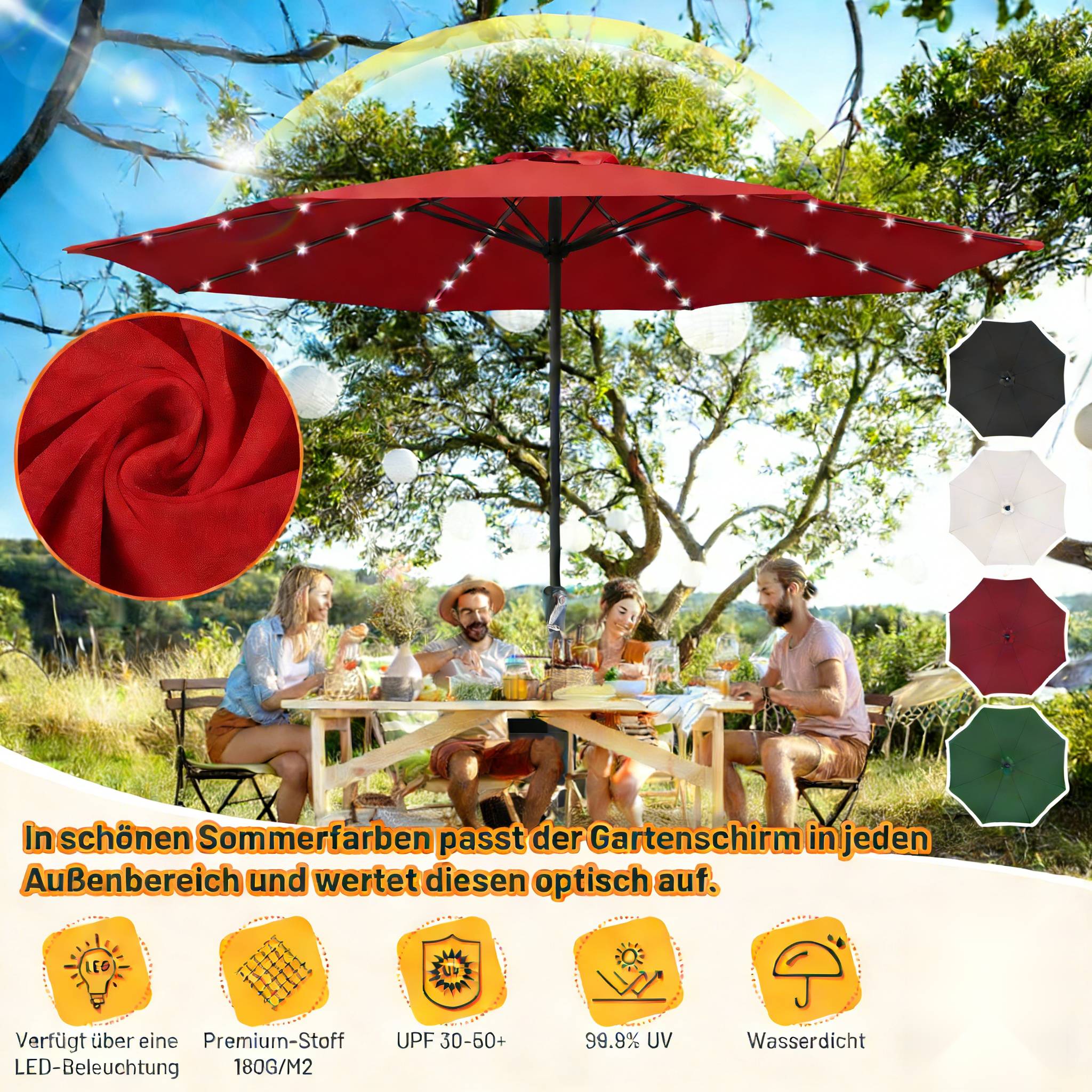 Eine Gruppe von Menschen genießt einen sonnigen Tag unter einem großen roten Terrassenschirm mit LED-Leuchten in einer Gartenanlage.