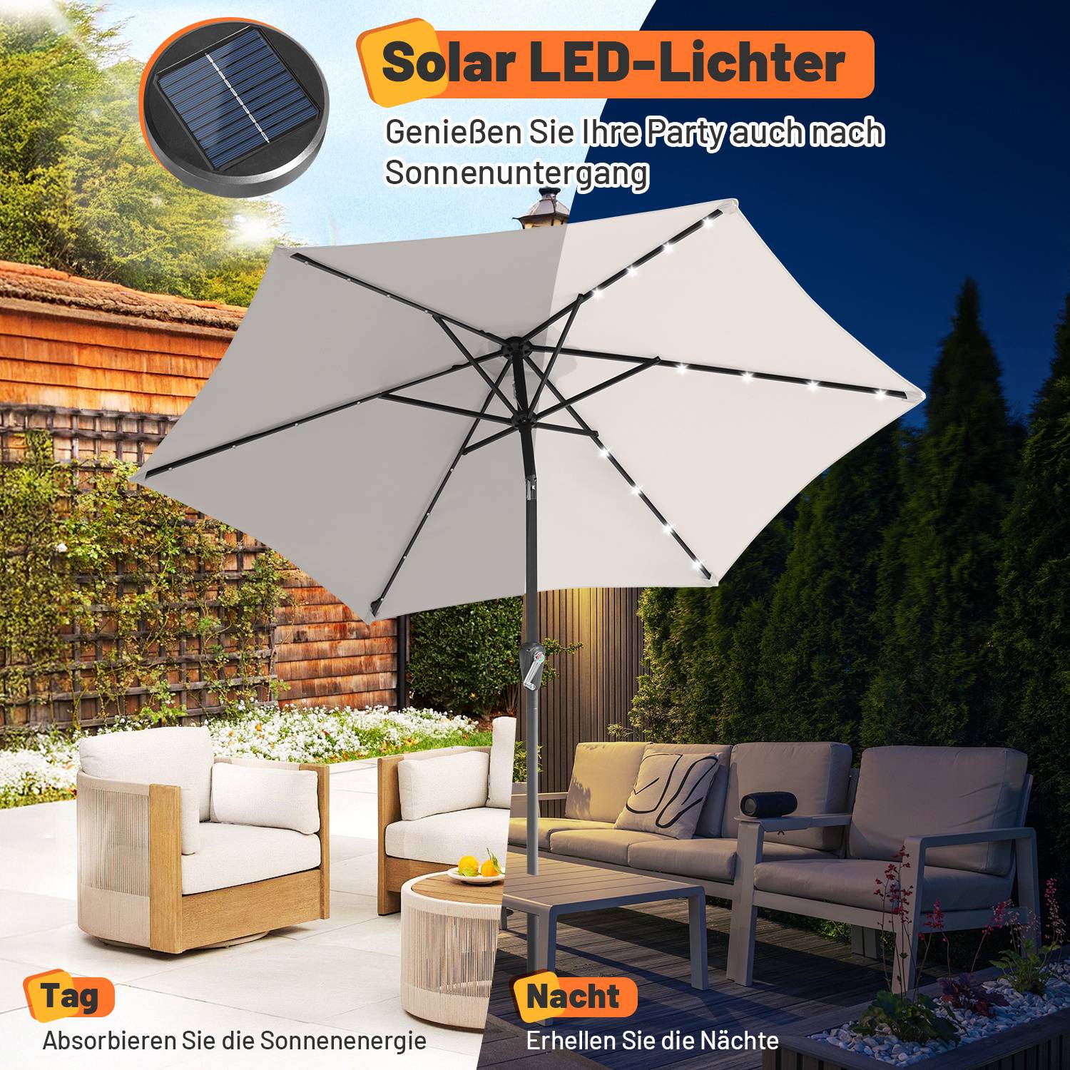 Terrasse mit Solar-LED-Schirm bei Nacht. Der Text lautet: „Solar-LED-Lichter. Genießen Sie Ihre Party auch nach Sonnenuntergang.