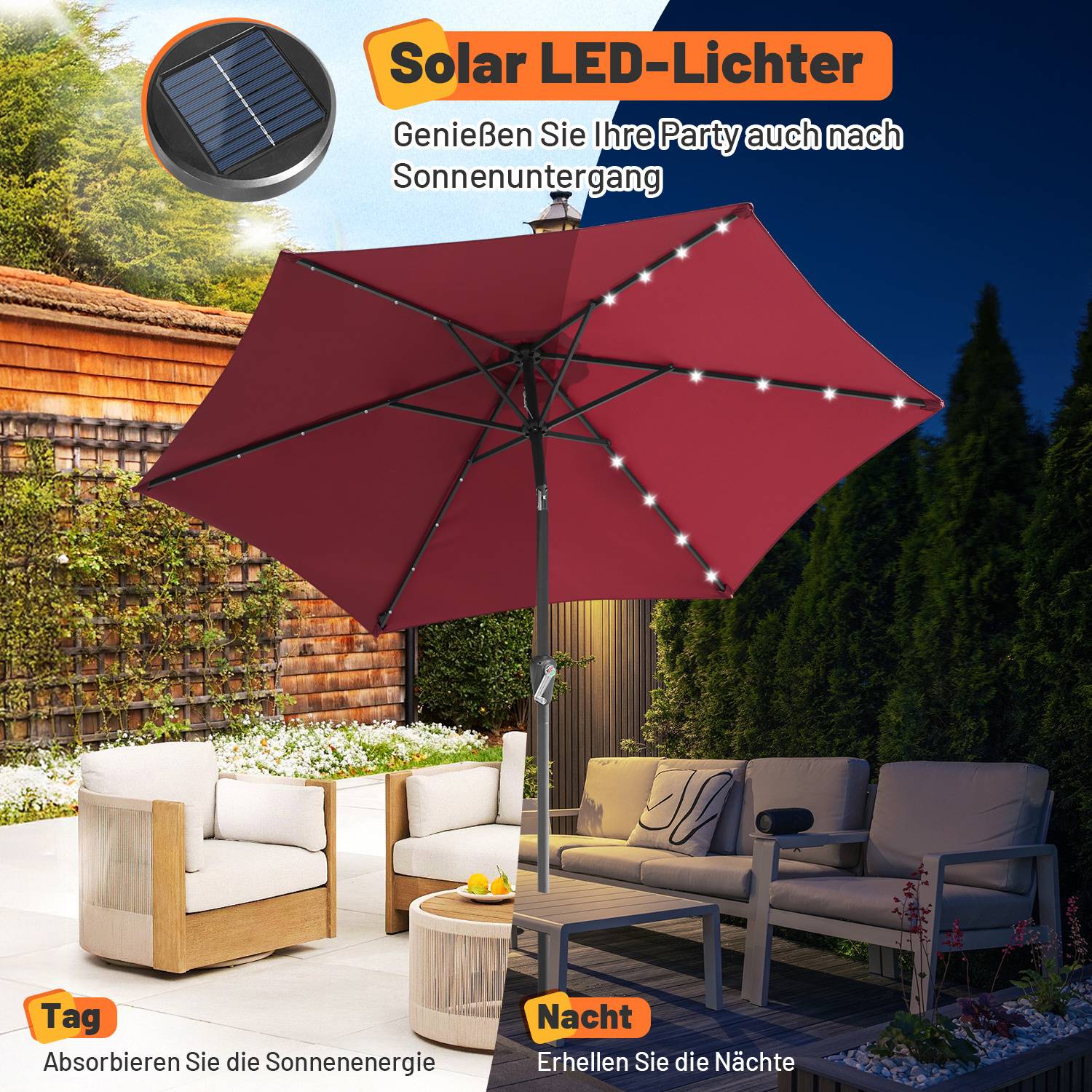 Patio mit Holz- und Korbmöbeln unter einem roten Schirm mit Solar-LED-Lichtern. Text: Solar-LED-Lichter, Tag/Nacht.