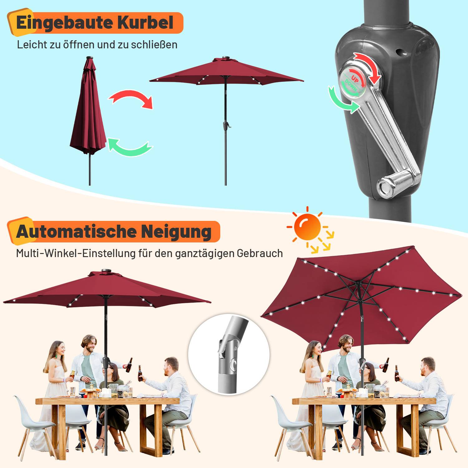 Roter Terrassenschirm mit integrierter Kurbel zum Öffnen und automatischer Neigungsfunktion. Geeignet für den ganztägigen Gebrauch, gezeigt mit Esstischgarnitur.