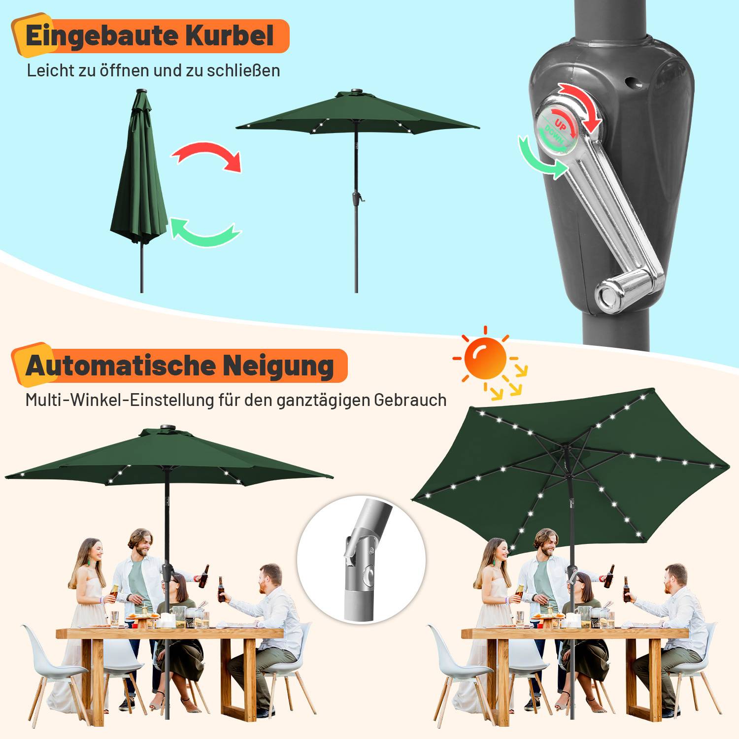 Terrassenschirm mit integrierter Kurbel zum mühelosen Öffnen und Schließen, mit automatischer Neigung für Mehwinkeleinstellen während der ganztägigen Nutzung.