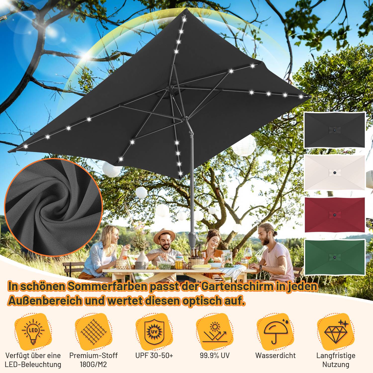 Ein großer dunkler Terrassenschirm ist im Freien geöffnet und mit LED-Leuchten verziert. Eine Gruppe von Menschen sitzt darunter an einem Tisch und genießt Getränke.