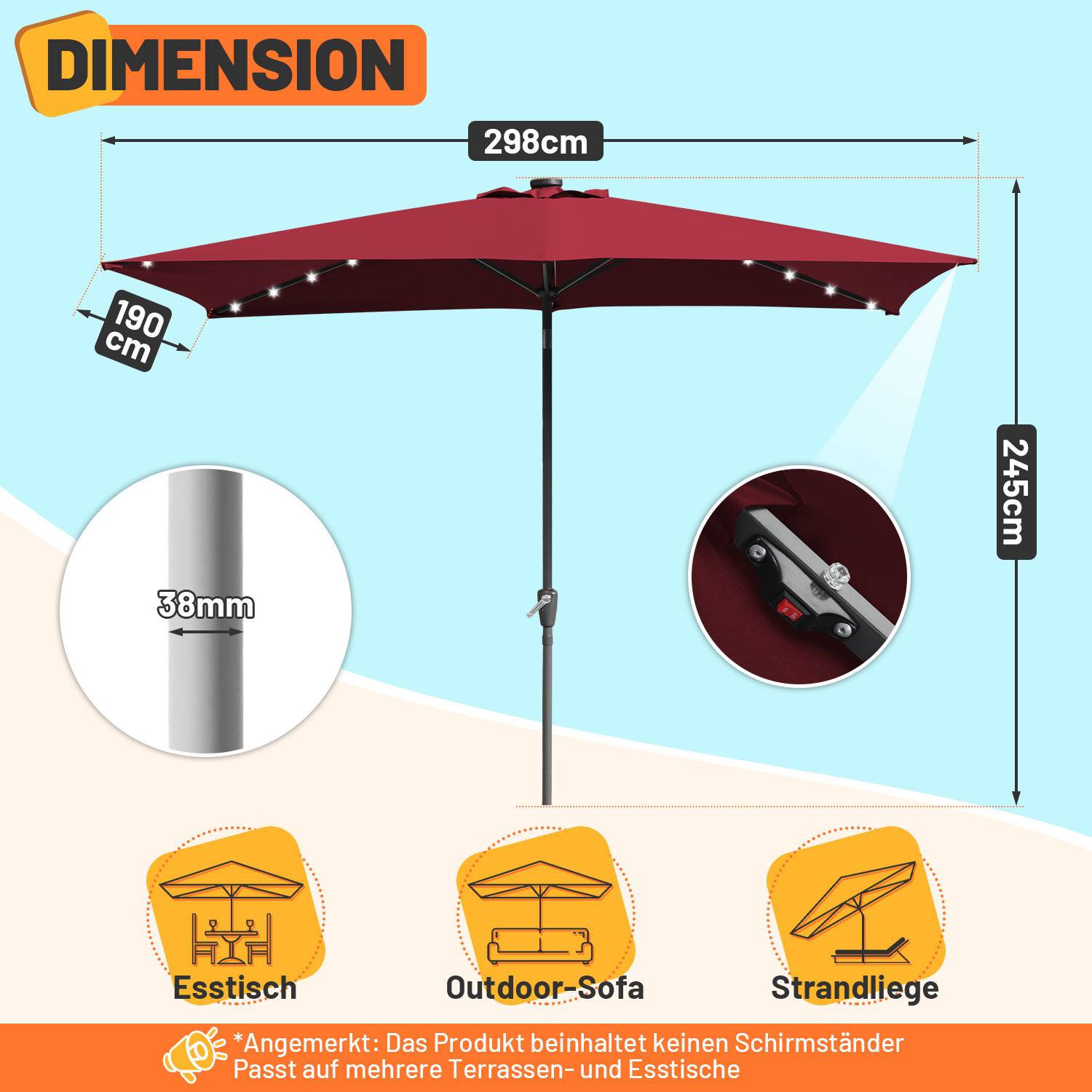 Abmessungen des Außenschirms: 298 cm breit, 245 cm hoch, 190 cm Tiefe. Merkmale: 38-mm-Mast, verstellbarer Neigungswinkel und LED-Leuchten. Geeignet für Essbereich und Strandnutzung.