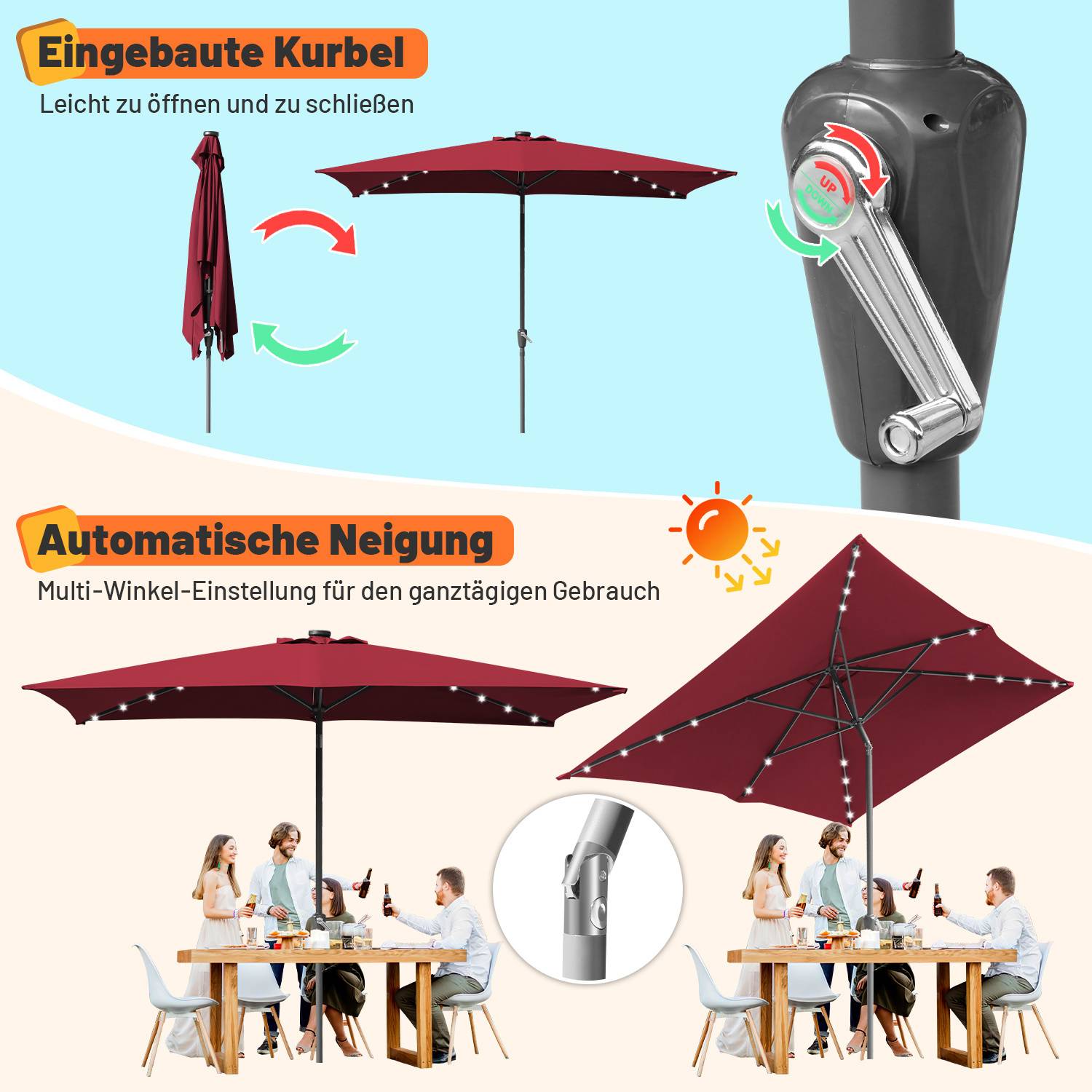 Eingebaute Kurbel: Leicht zu öffnen und zu schließen.' 'Automatische Neigung: Multi-Winkel-Einstellung für den ganztägigen Gebrauch.' Roter Sonnenschirm mit Kurbelgriff und verstellbarem Neigungsfeature; Menschen, die darunter speisen.