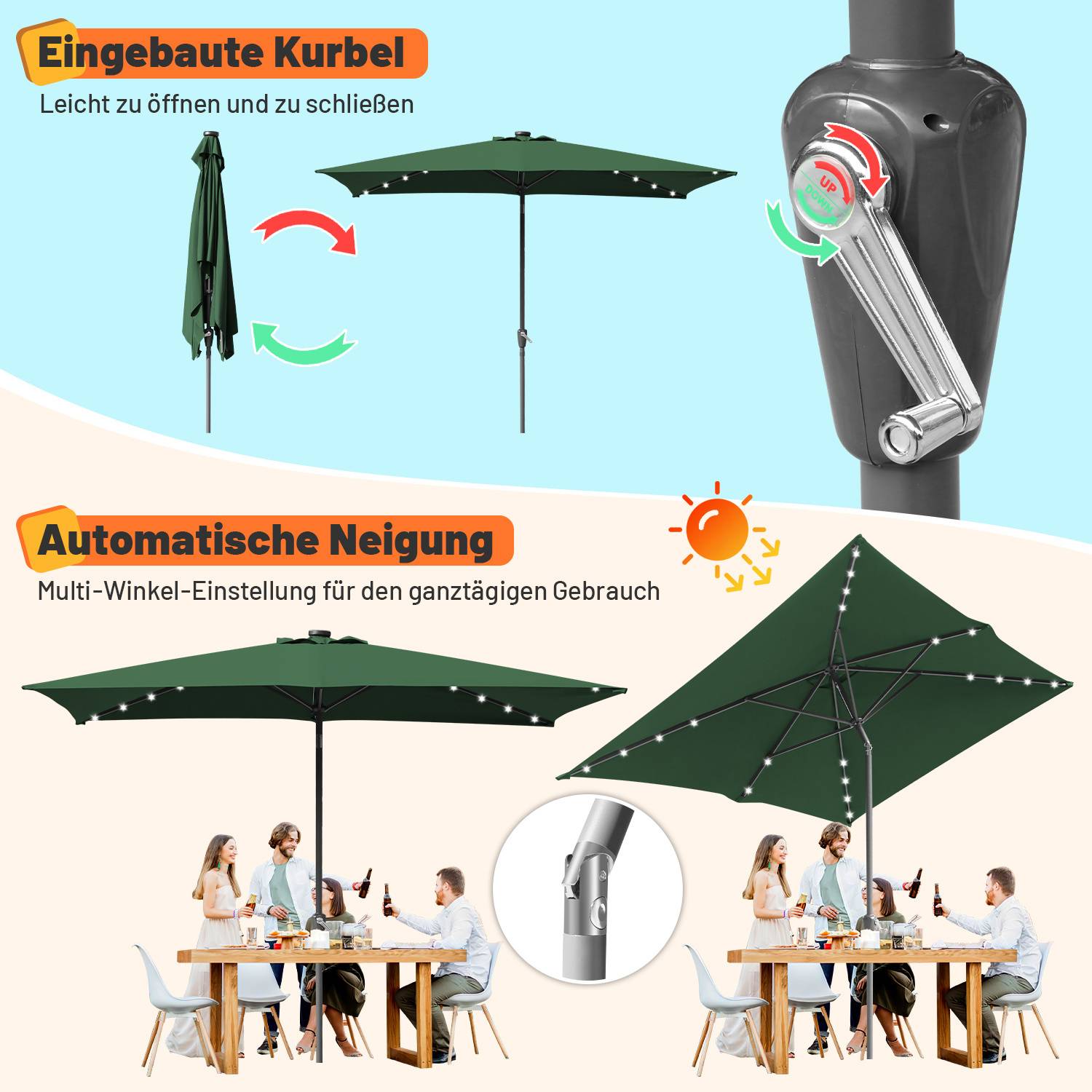 Grüner Terrassenschirm mit integrierter Kurbel zum einfachen Öffnen. Mit automatischer Neigungsfunktion für Sonnenschutz in mehreren Winkeln. Ideal für Speisen im Freien.