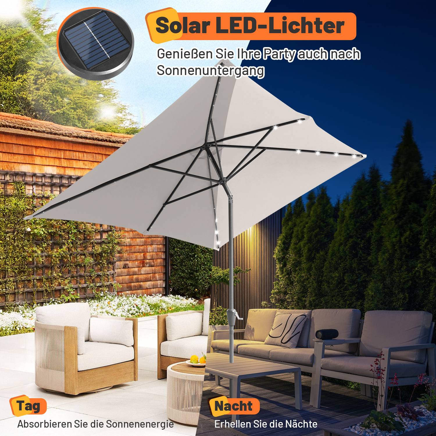 Ein aufgespannter Terrassenschirm mit solarbetriebenen LED-Lichtern ist über Gartenmöbeln zu sehen. Der Text betont die Nutzung von Solarenergie für die Nachtbeleuchtung.