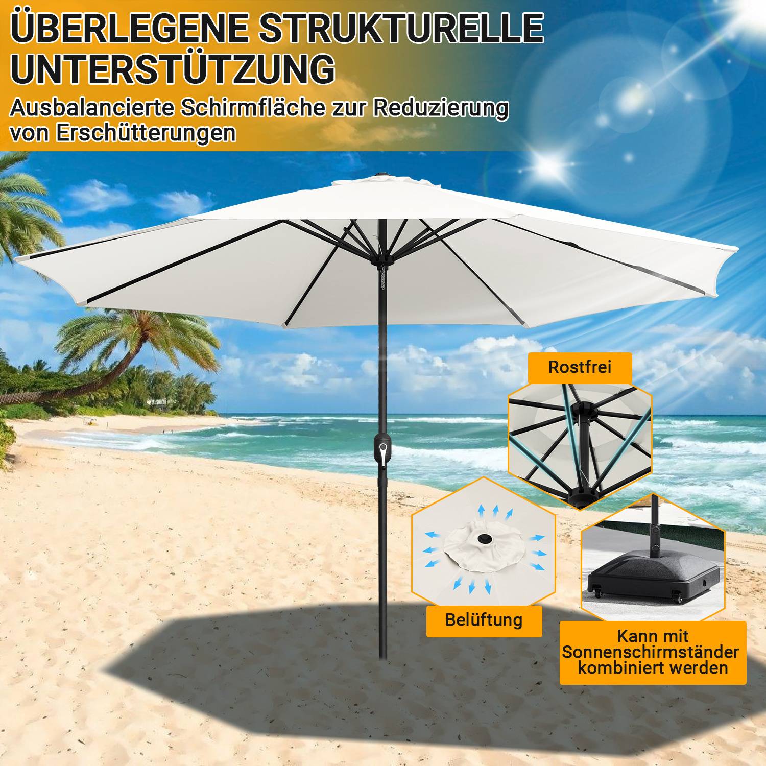 Ein Strandschirm bewirbt 