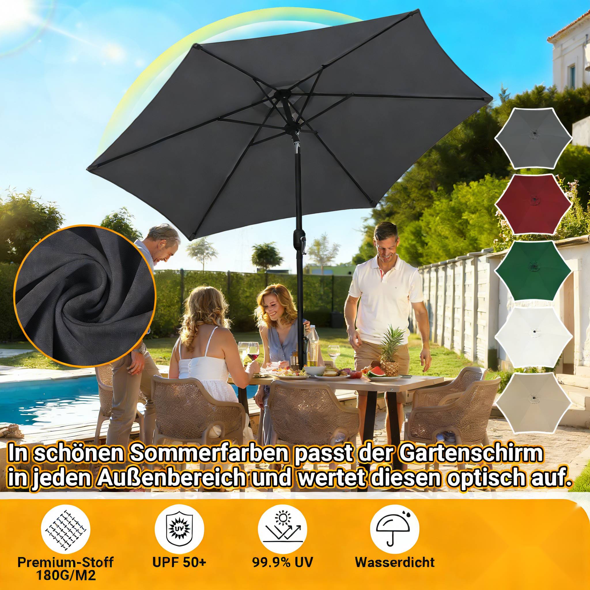 Eine Gruppe von Menschen sitzt an einem Outdoor-Tisch unter einem großen schwarzen Terrassenschirm in einem Garten. Verschiedene Schirmfarben sind rechts abgebildet. Deutscher Text bewirbt die Qualitätsmerkmale des Schirms wie UV-Schutz.
