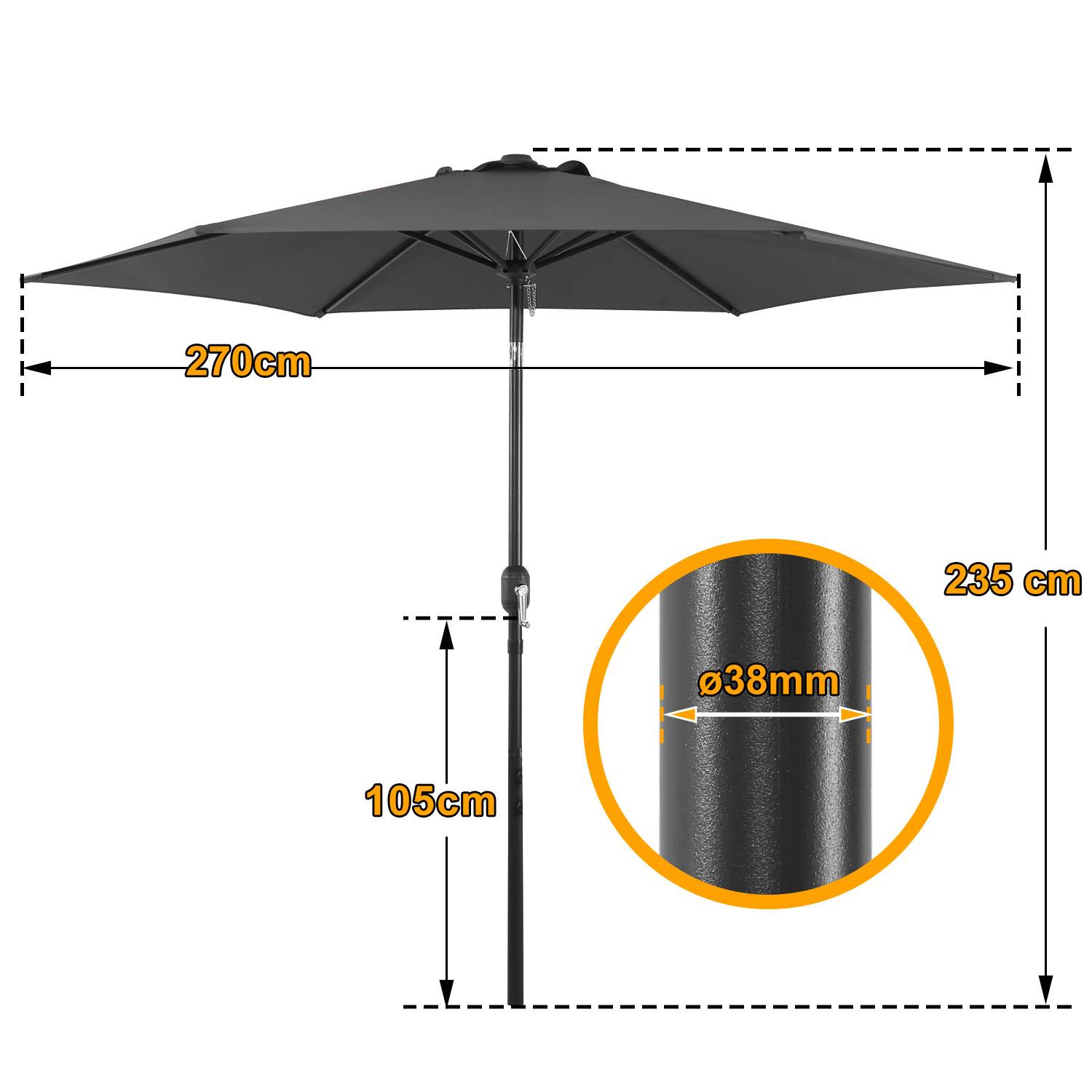 Ein schwarzer Regenschirm mit einem Durchmesser von 270 cm und einer Höhe von 235 cm. Der Stangendurchmesser beträgt 38 mm. Die Schirmhöhe ist auf 105 cm verstellbar.