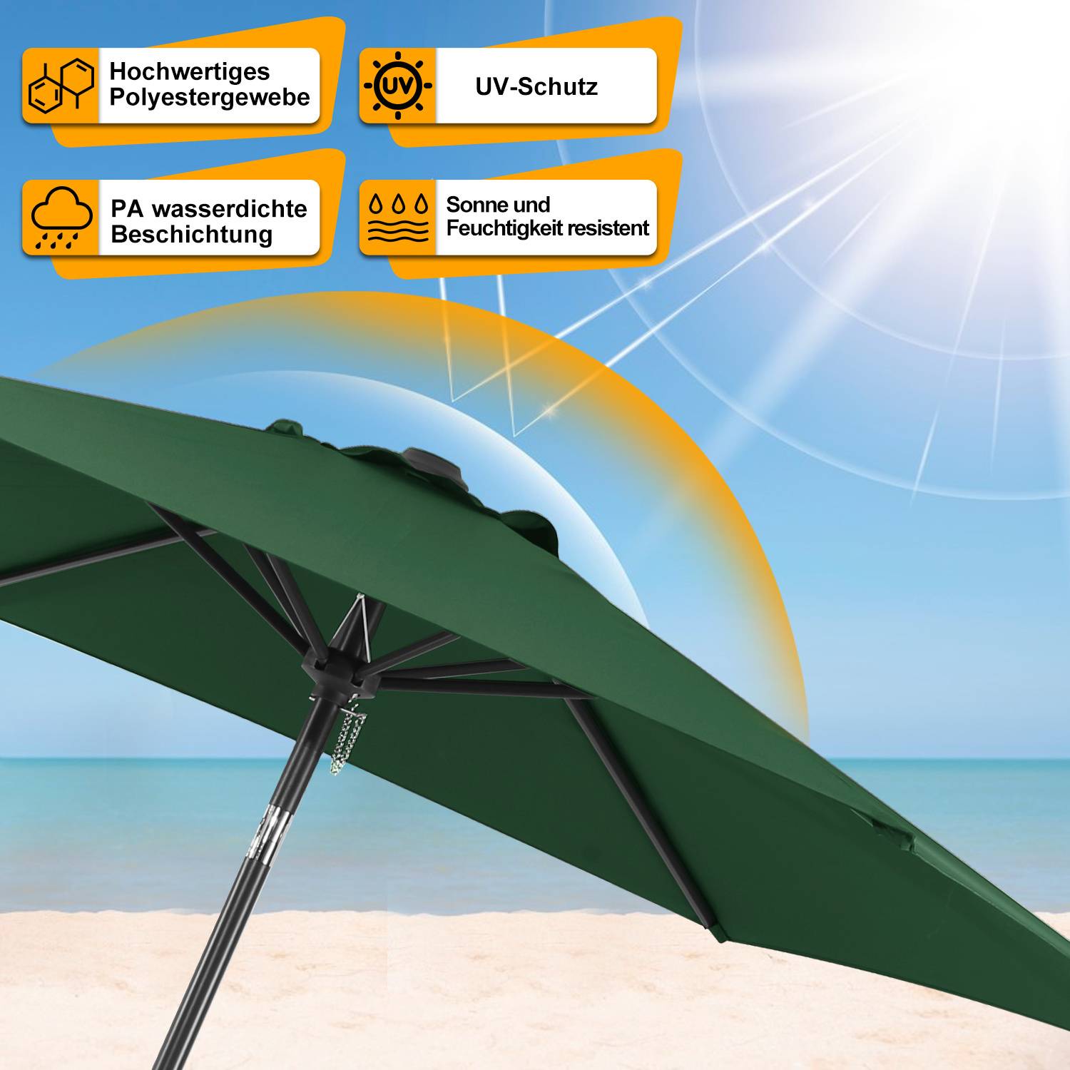 Ein großer grüner Regenschirm an einem sonnigen Strand. Symbole beschreiben ihn als aus 