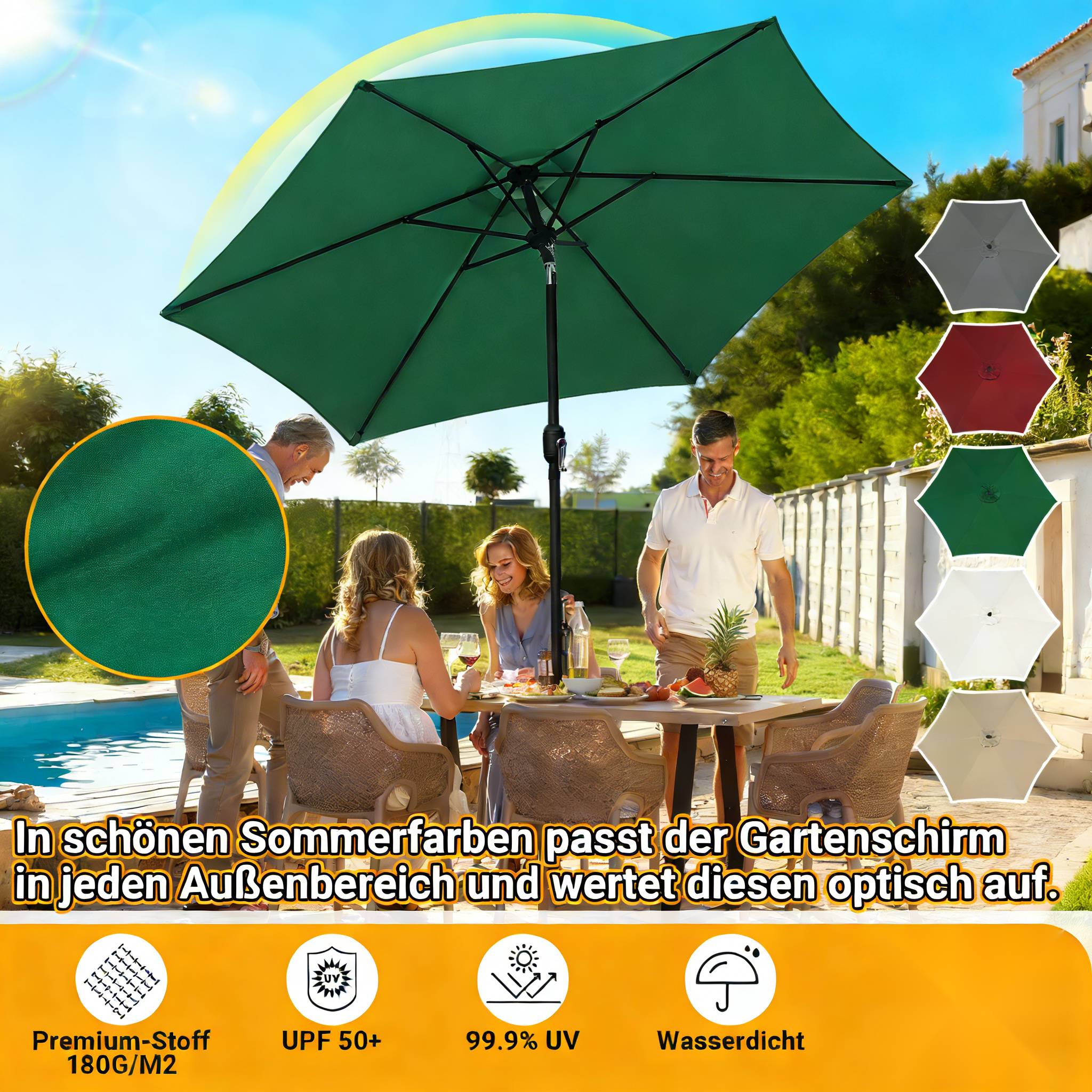 Eine Gruppe von Menschen sitzt um einen Tisch unter einem großen, grünen Außenschirm. Der Text hebt seinen UV-Schutz und seine leuchtende Farbe hervor.