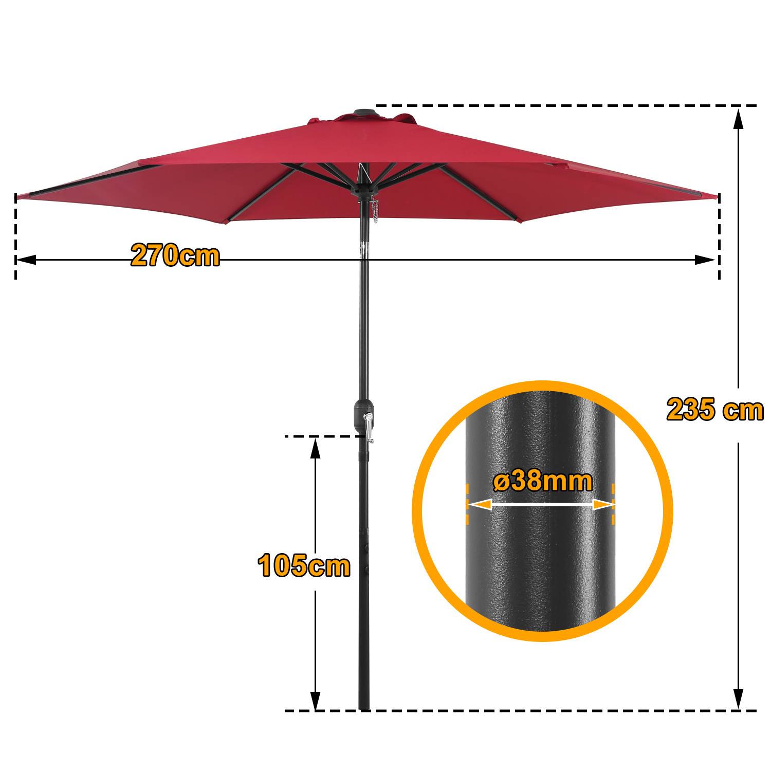 Roter Terrassenschirm mit 270 cm Schirmdach, 235 cm Höhe und 38 mm Poldurchmesser. Der Schirm verfügt über eine Kurbel zum einfachen Öffnen und Schließen.