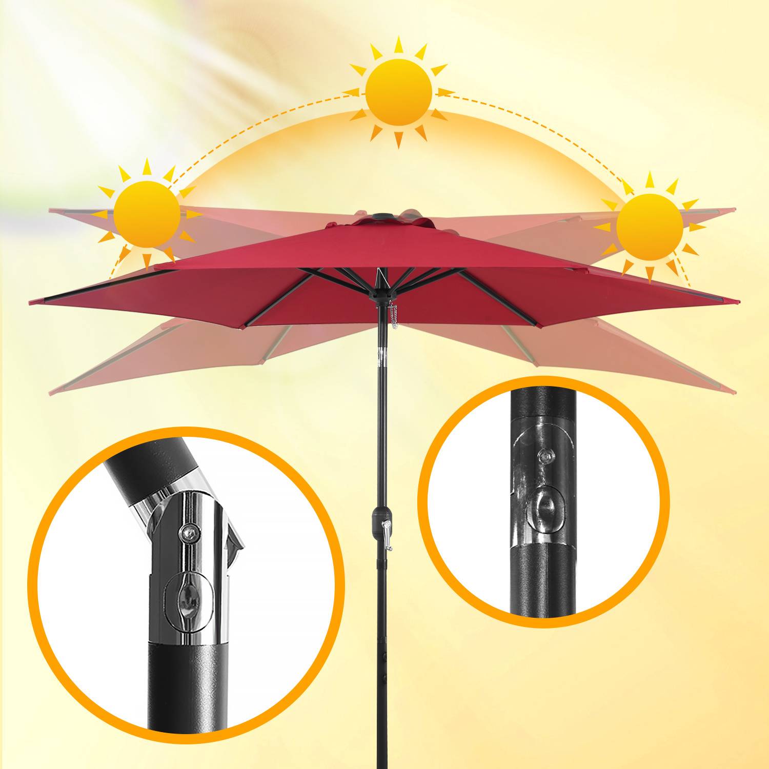 Roter Terrassenschirm mit Sonnensymbolen, die UV-Schutz anzeigen. Detailansichten zeigen den verstellbaren Winkelmechanismus und die Teleskopstangenstruktur.