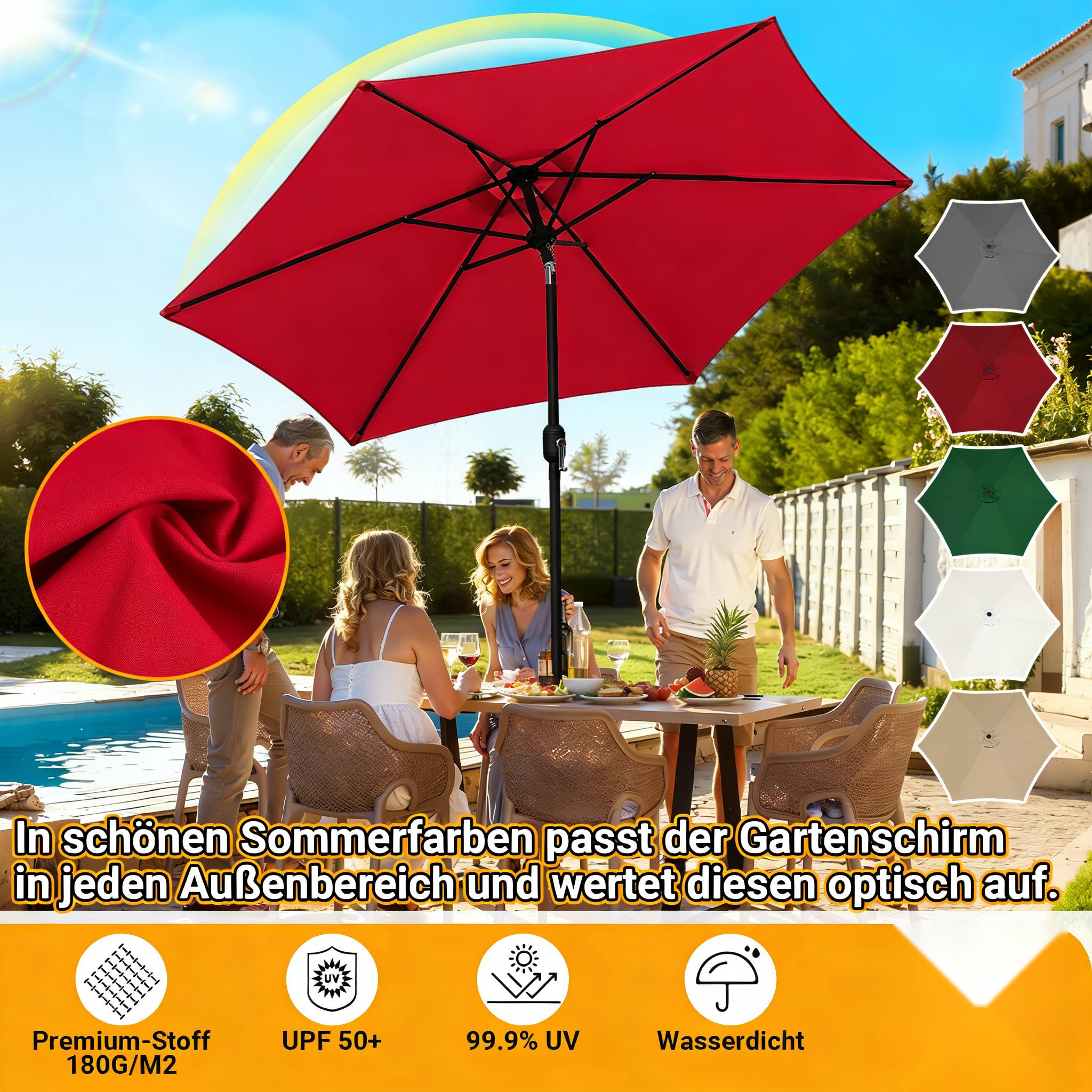 Ein roter Außenschirm über einem Patio-Tisch mit vier sitzenden Personen. Der Text hebt UV-Schutz, Wasserfestigkeit und Stoffeigenschaften hervor.