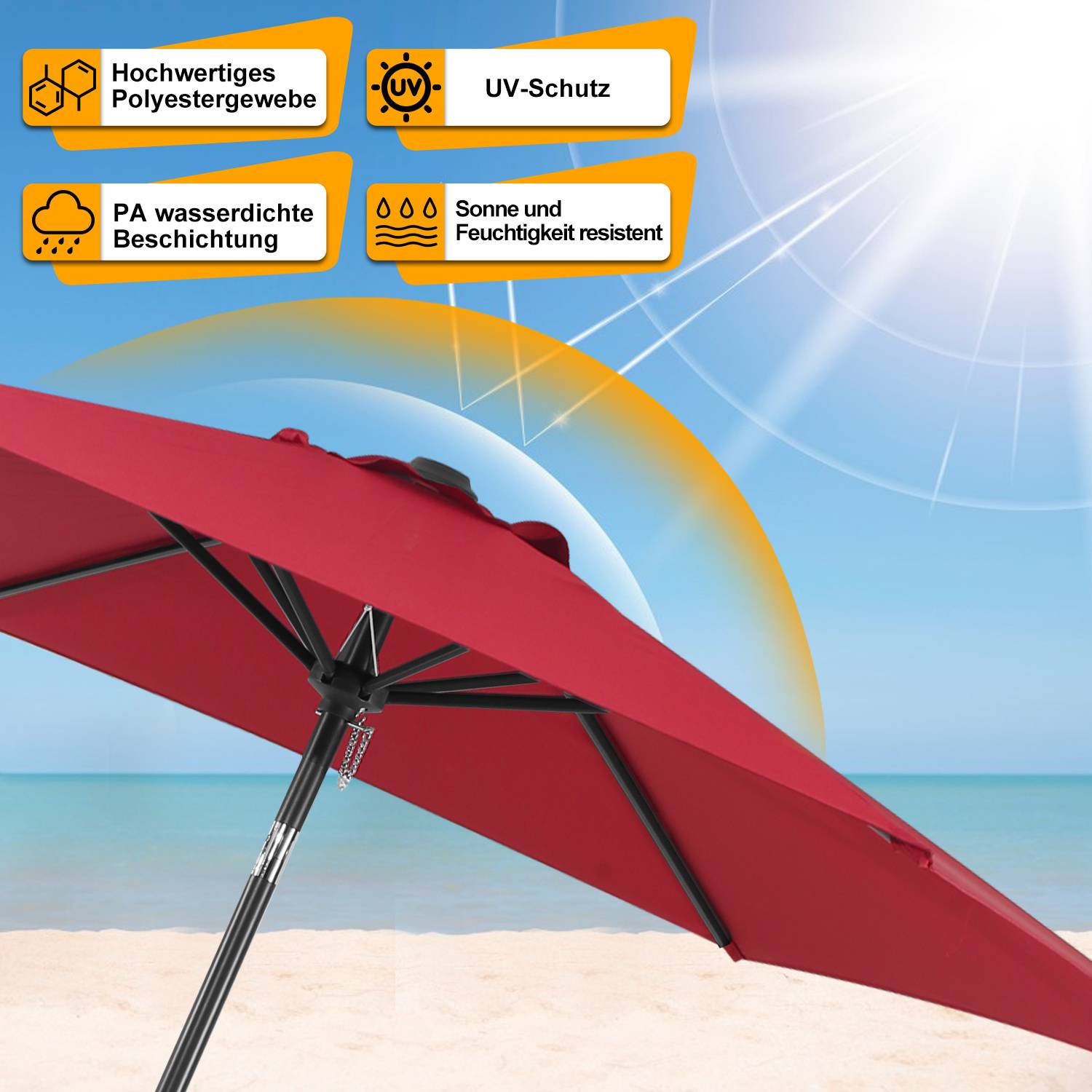 Ein roter Strandschirm auf Sand mit Symbolen, die die Merkmale 