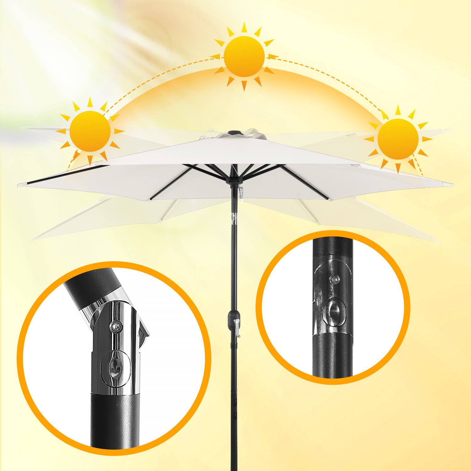 Ein weißer verstellbarer Terrassenschirm mit Kippfunktion, positioniert zwischen zwei Sonnensymbolen in verschiedenen Winkeln, zur Illustration von Sonnenschutz.