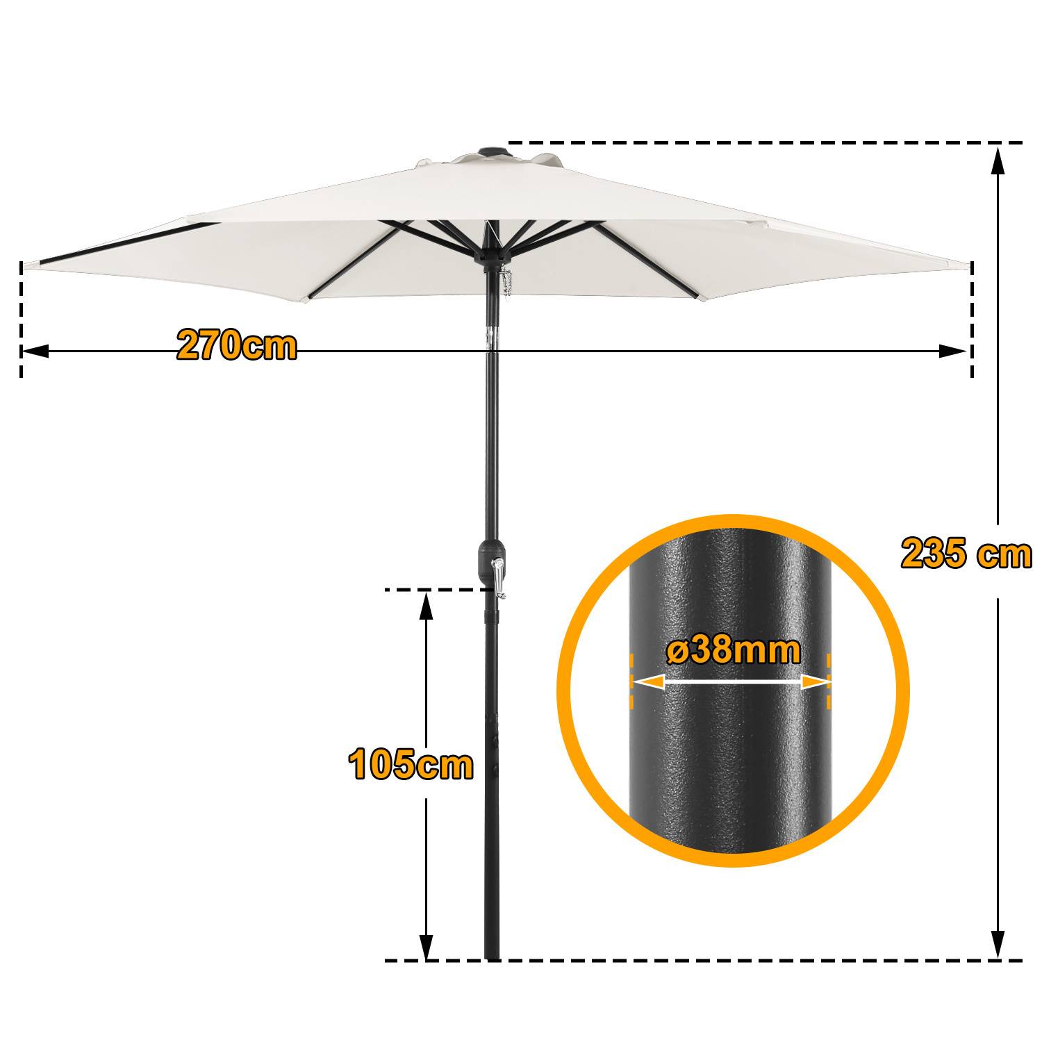 Outdoor-Schirm mit einer Höhe von 235 cm und einem 270 cm breiten Dach. Der Durchmesser des Mastes beträgt 38 mm. Geeignet für Garten- oder Terrassennutzung.