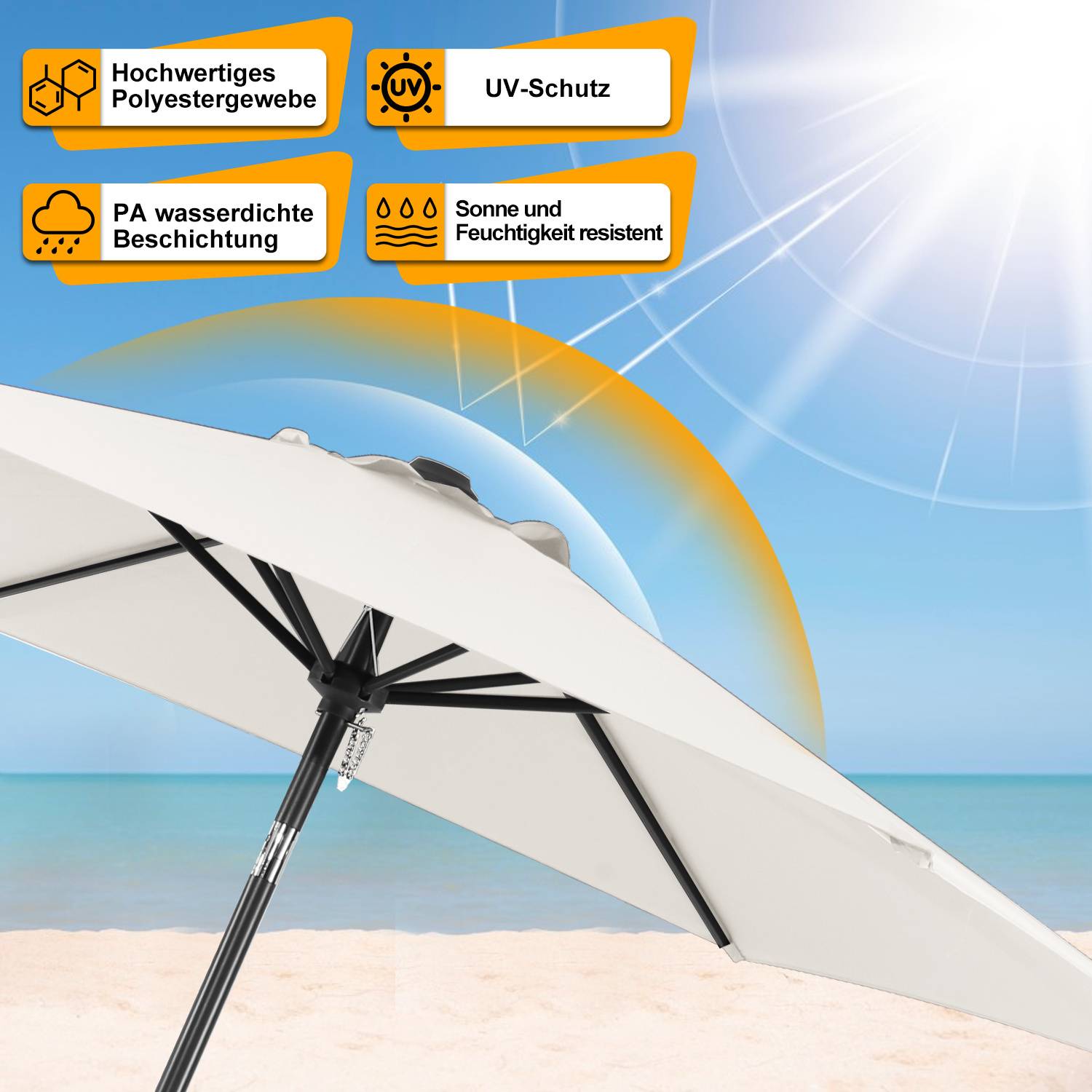 Ein großer weißer Strandschirm, der schräg auf einem sandigen Ufer aufgestellt ist, mit dem Meer im Hintergrund. Symbole heben den UV-Schutz und die wasserdichte Beschaffenheit hervor.