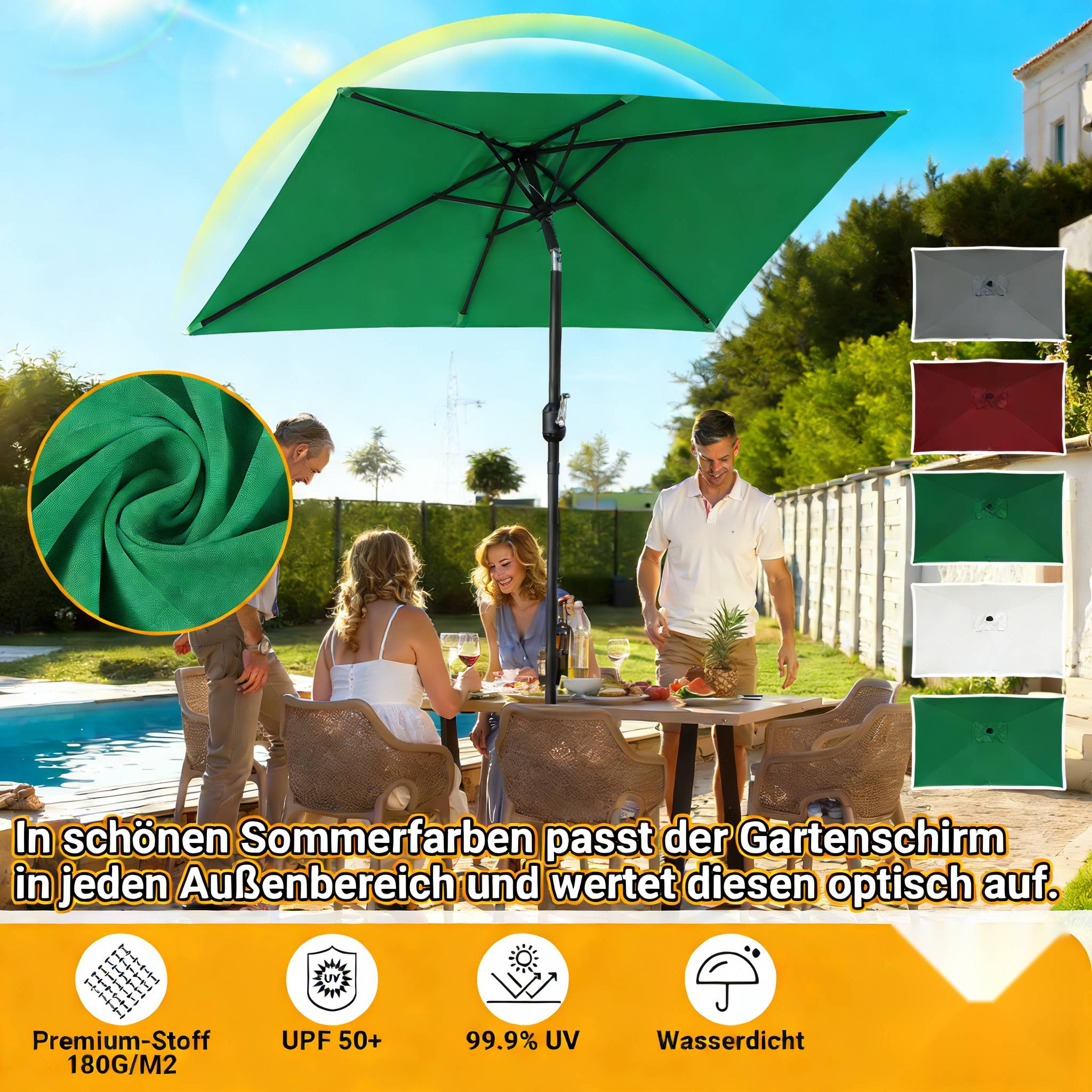 Eine Gruppe von vier Personen sitzt unter einem grünen Außenschirm an einem Tisch in einem sonnigen Garten. Der Text bewirbt lebendige Sonnenschirmfarben.