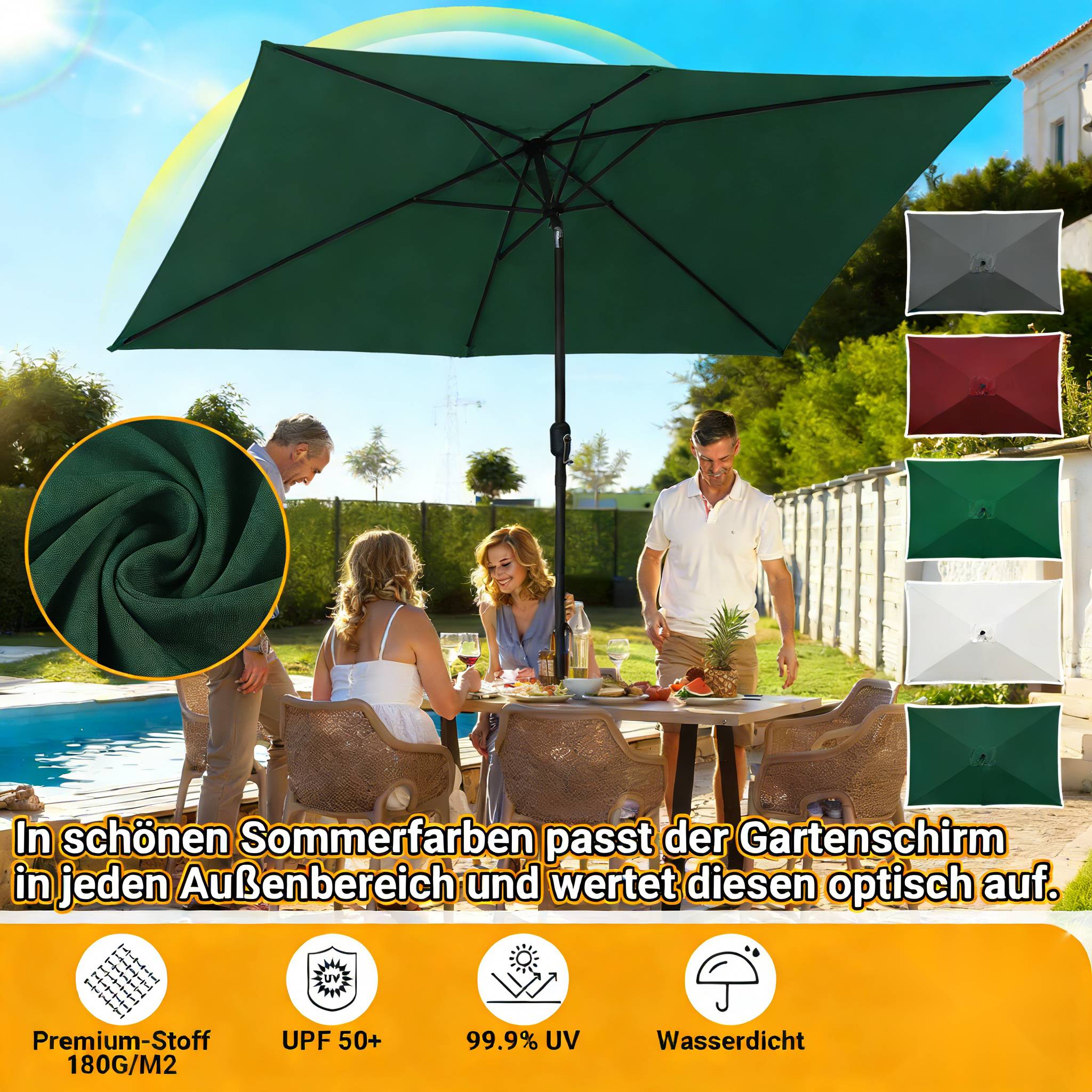 Menschen, die an einem Tisch unter einem großen Schirm in einem Garten sitzen. Das Bild zeigt verschiedene verfügbare Schirmfarben und Funktionen wie UPF 50+ und Wasserfestigkeit.