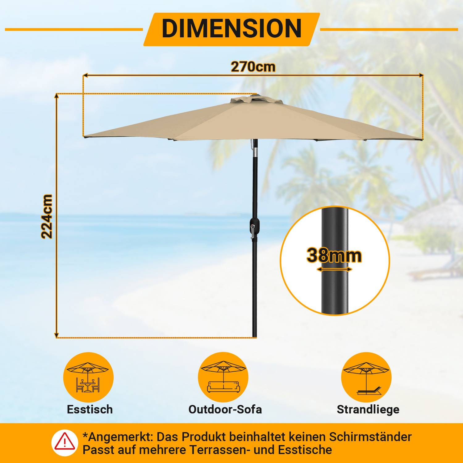Bild eines Sonnenschirms mit beschrifteten Abmessungen: Höhe 224 cm, Breite 270 cm, Poldurchmesser 38 mm. Symbole deuten auf die Verwendung auf Esstischen, Outdoor-Sofas und Stränden hin. Der Hintergrund zeigt eine Strandlandschaft.