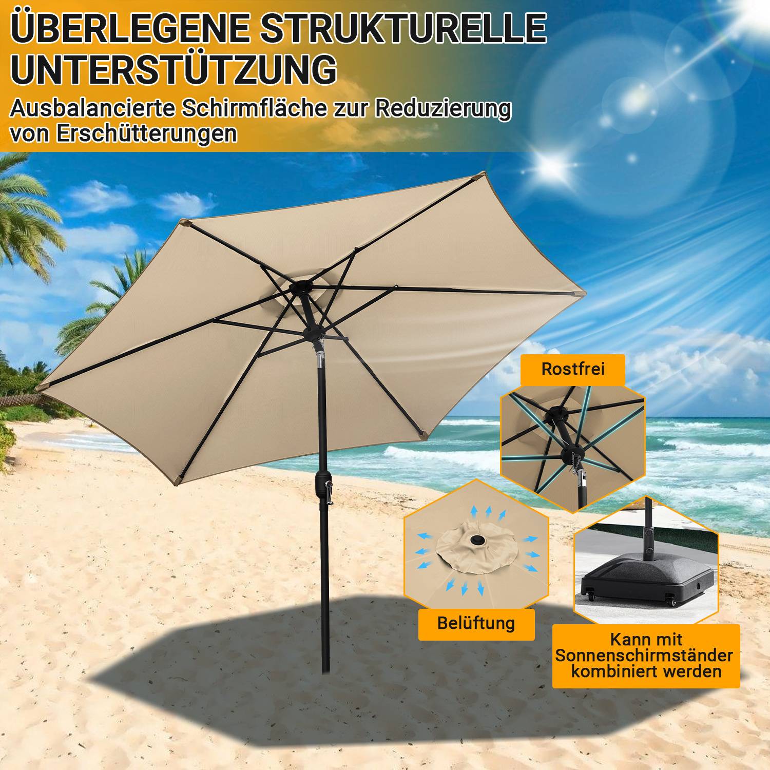 Ein beiger Strandschirm steht auf Sand mit blauem Himmel im Hintergrund. Der deutsche Text hebt seine strukturelle Unterstützung, Rostbeständigkeit und Belüftungsmerkmale hervor.