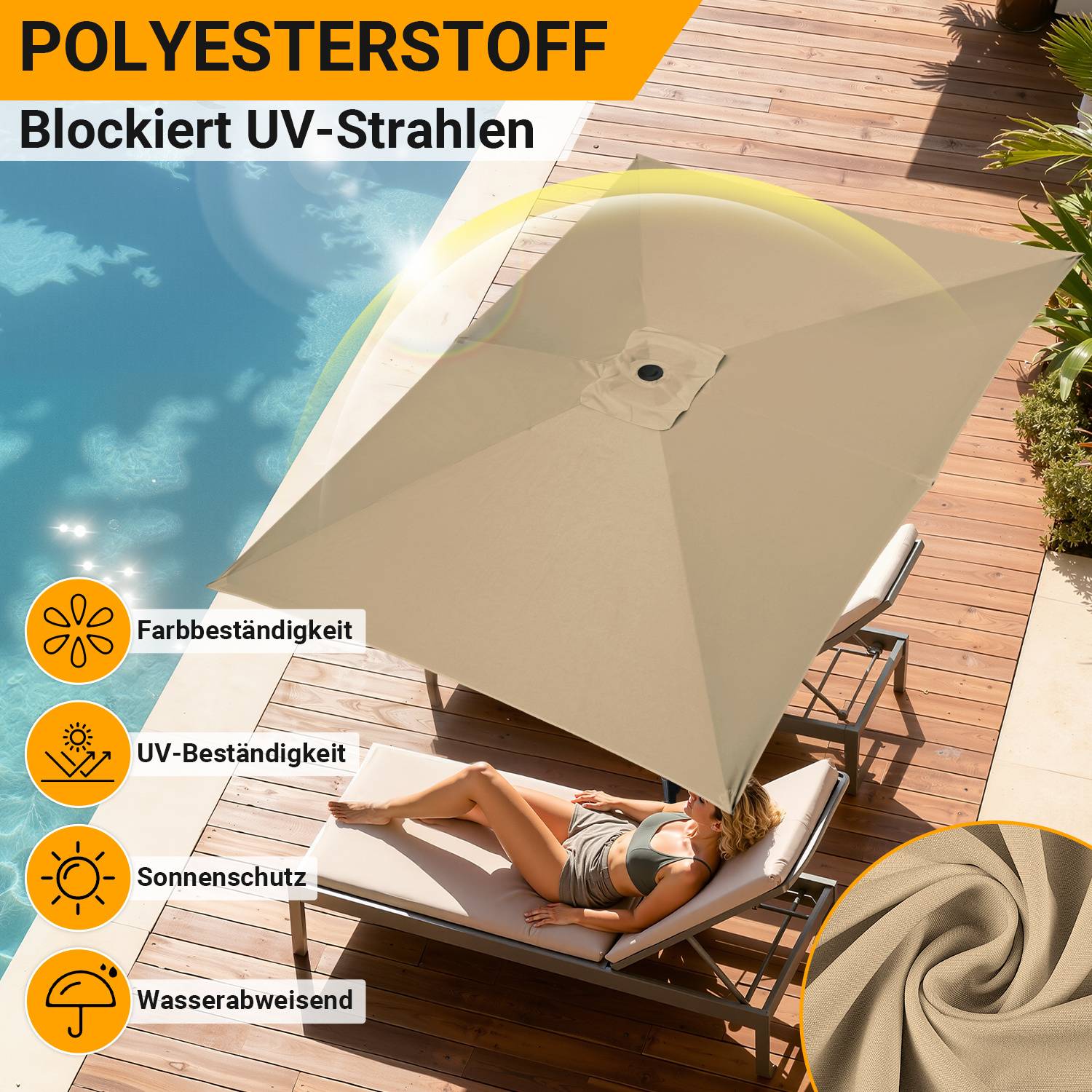Eine Person entspannt sich auf einer Sonnenliege unter einem großen beigen Schirm auf einer Holzterrasse mit umgebender Begrünung. Das Bild hebt die Merkmale des Schirms hervor: Farbbeständigkeit, UV-Beständigkeit und Wasserabweisung.