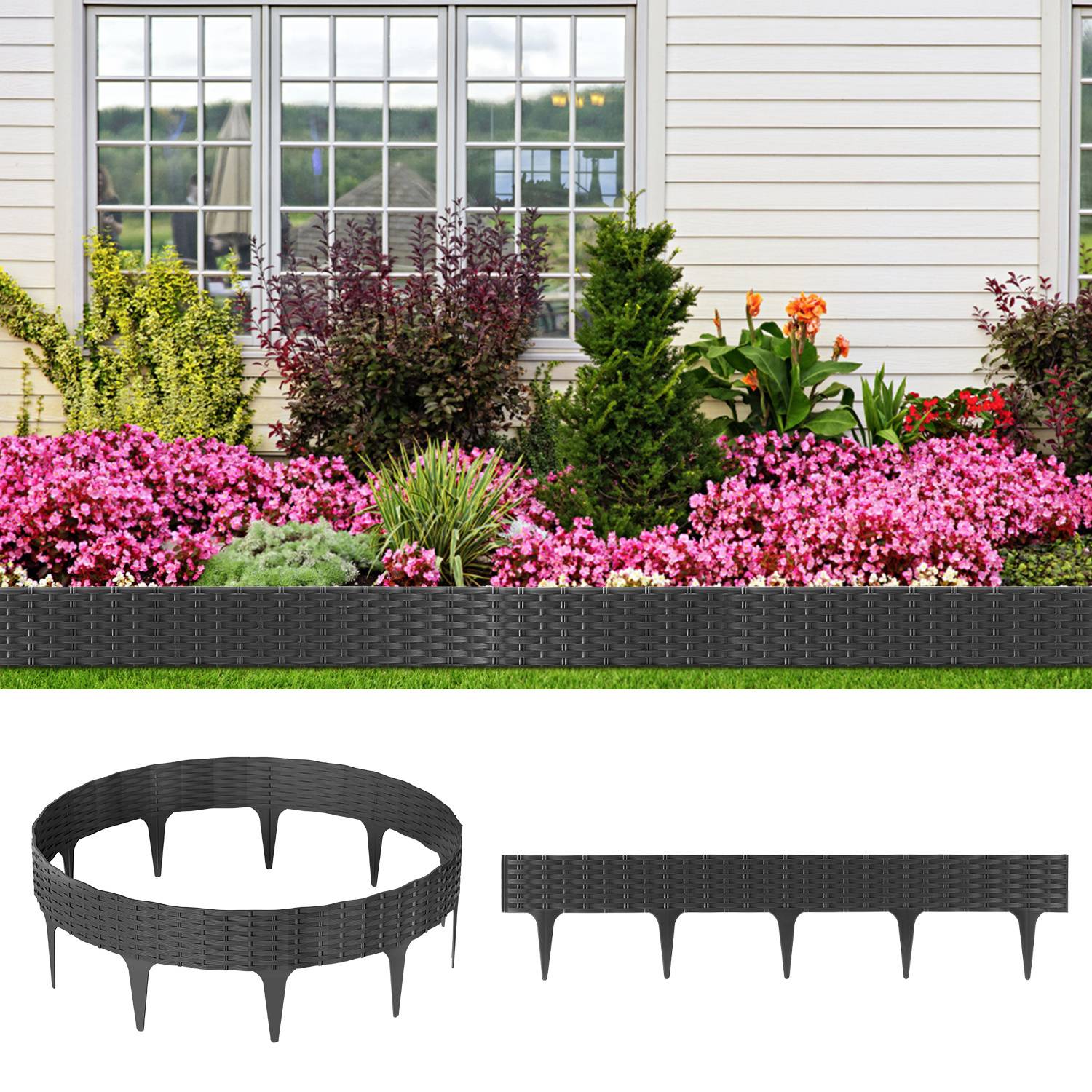 Ein Garten mit rosa und roten Blumen wird von einer dunklen, geflochtenen Einfassung begrenzt. Eine Vergrößerung zeigt einen Streifen des gleichen Einfassungsmaterials mit Spitzen.