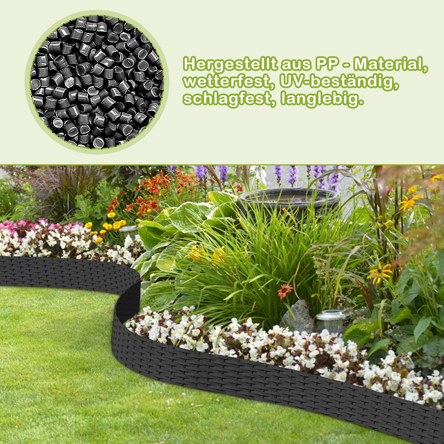Ein Garten mit Blumenbeeten, die von einer langlebigen, witterungsbeständigen PP-Material-Einfassung begrenzt sind. Die obere Vergrößerung zeigt eine Nahaufnahme des Materials.